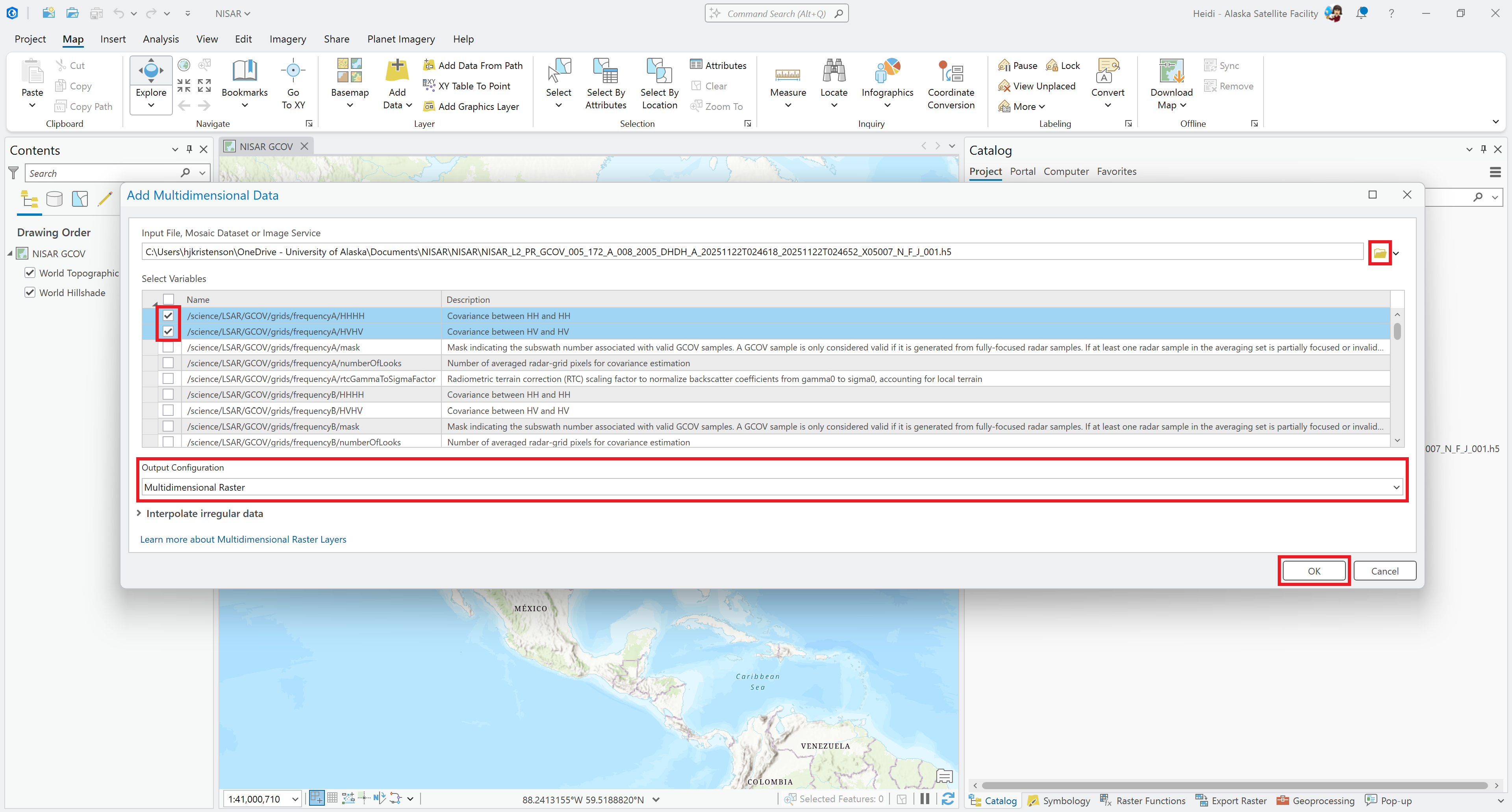 Screenshot illustrating how to select desired variables in an HDF5 file using the Add Multidimensional Raster tool in ArcGIS Pro