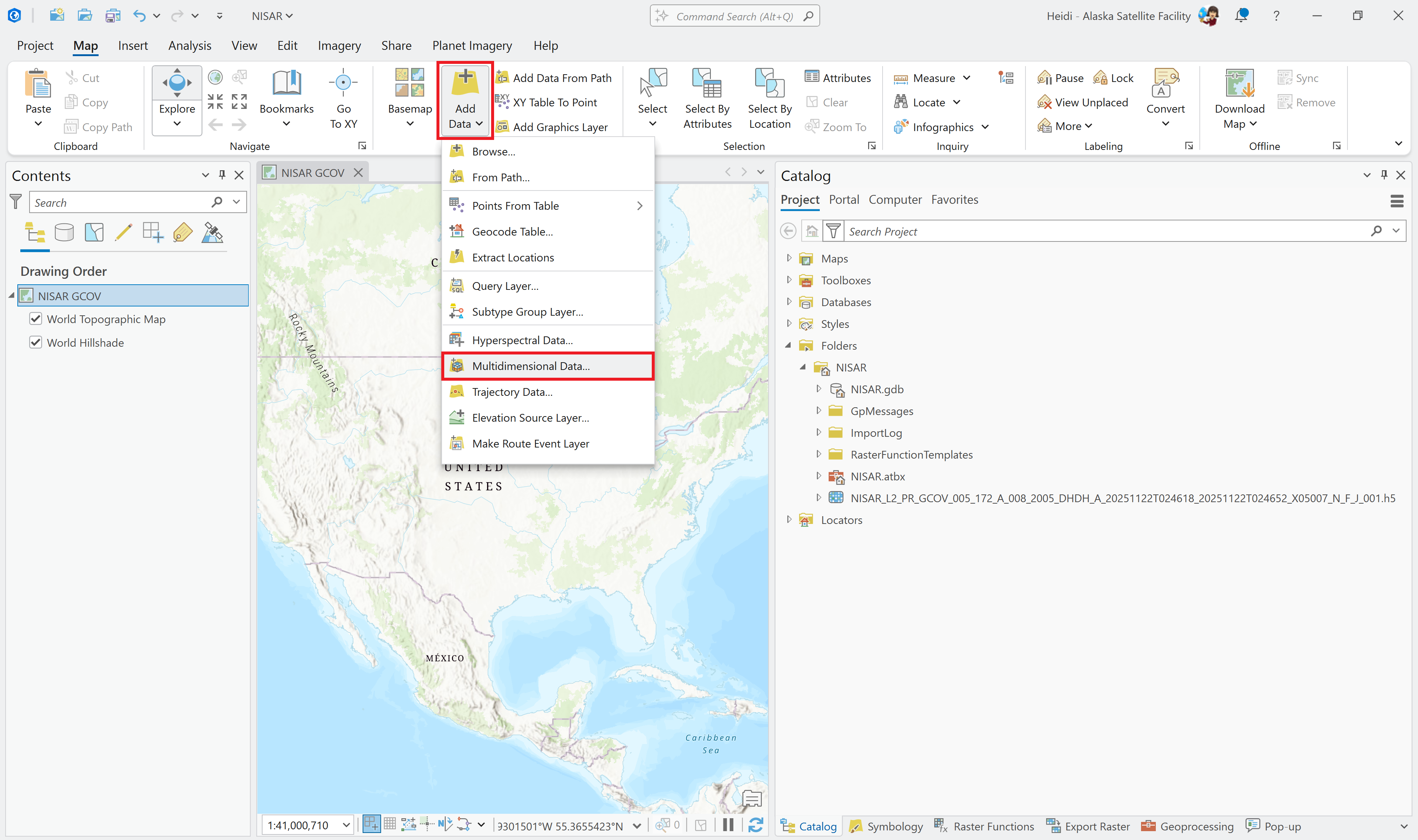 Screenshot highlighting the Add Multidimensional Raster tool in ArcGIS Pro