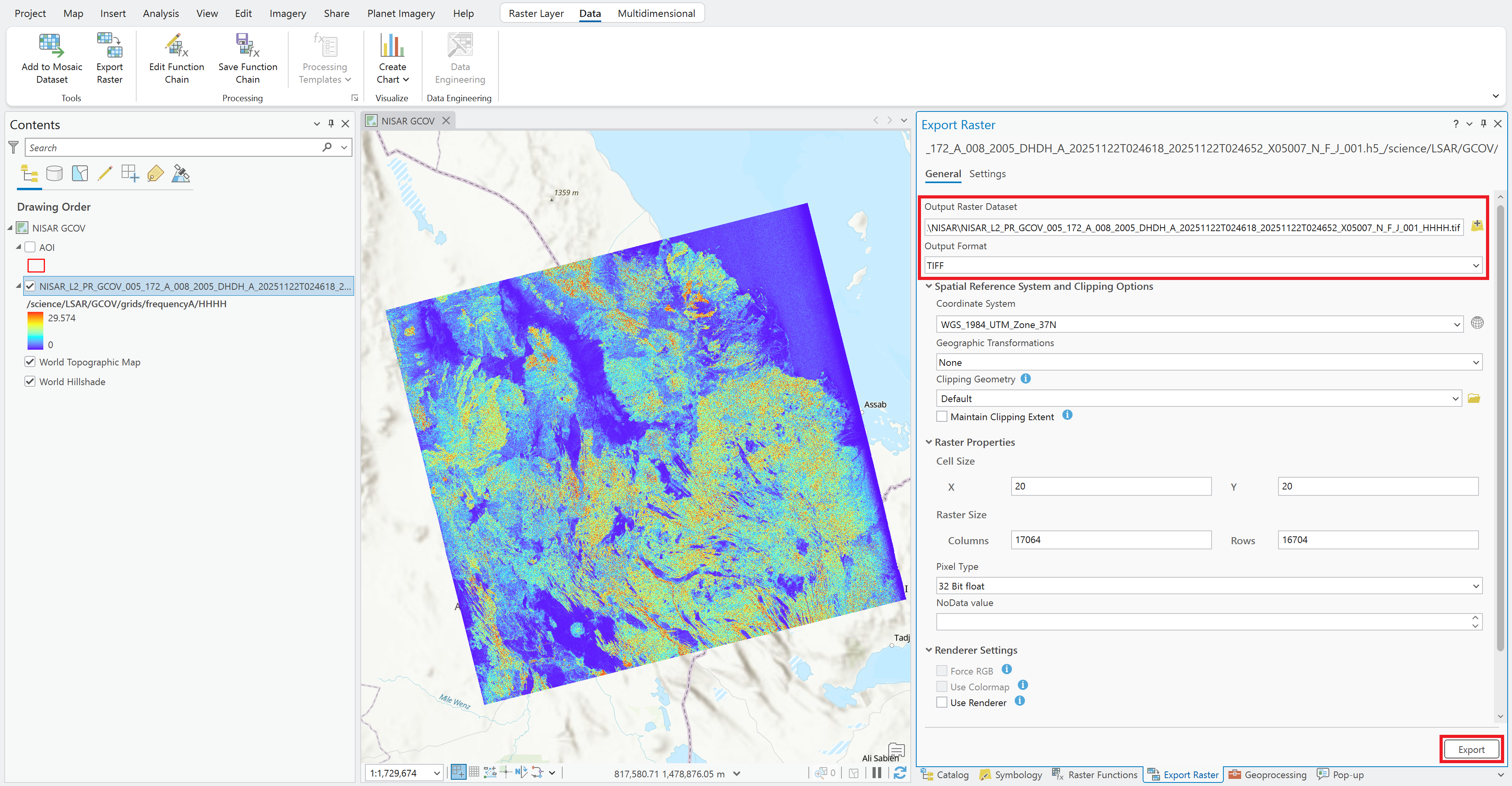 Screenshot illustrating the Export Raster function dialog window 