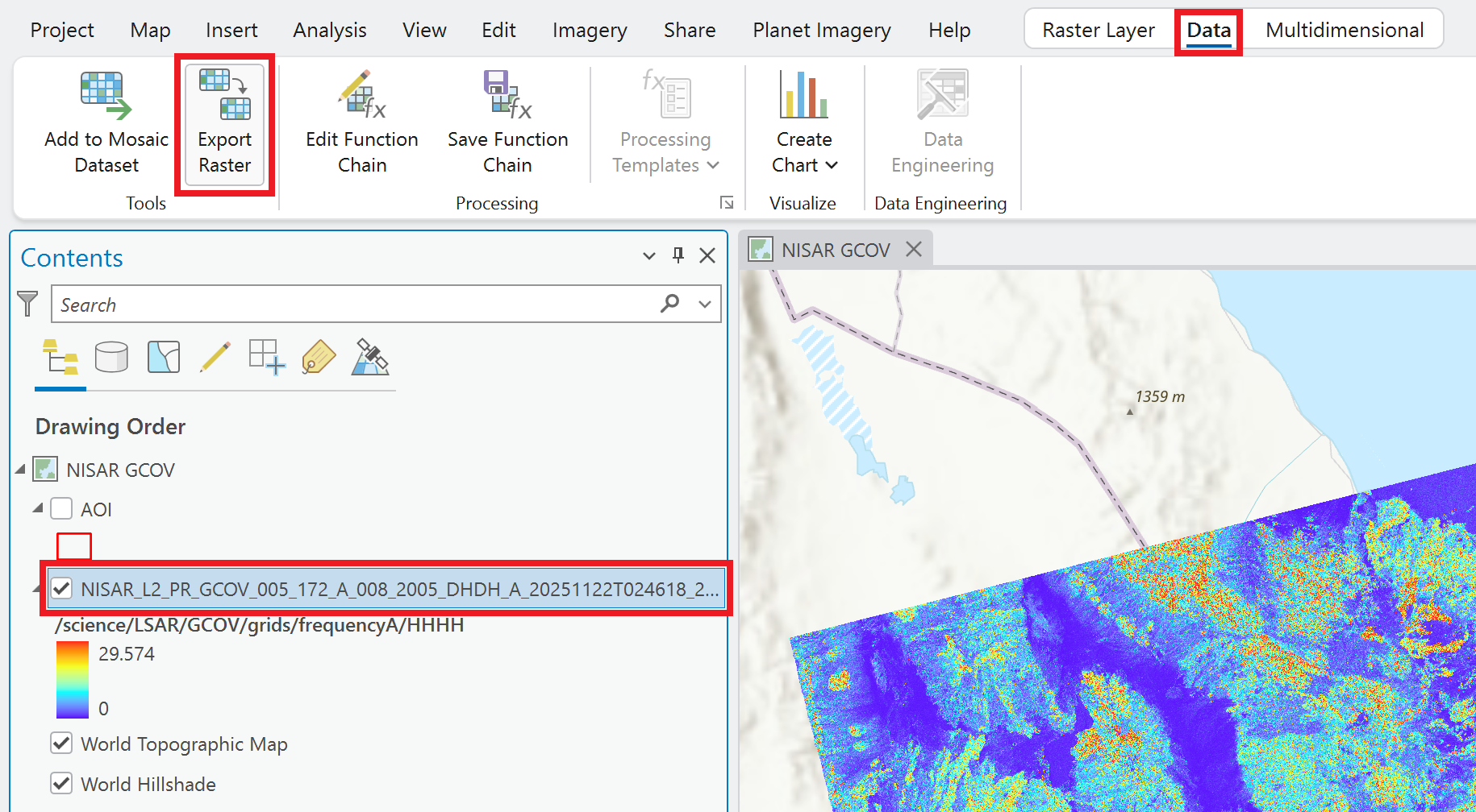 Screenshot demonstrating accessing the Export Raster function from the Data menu in ArcGIS Pro