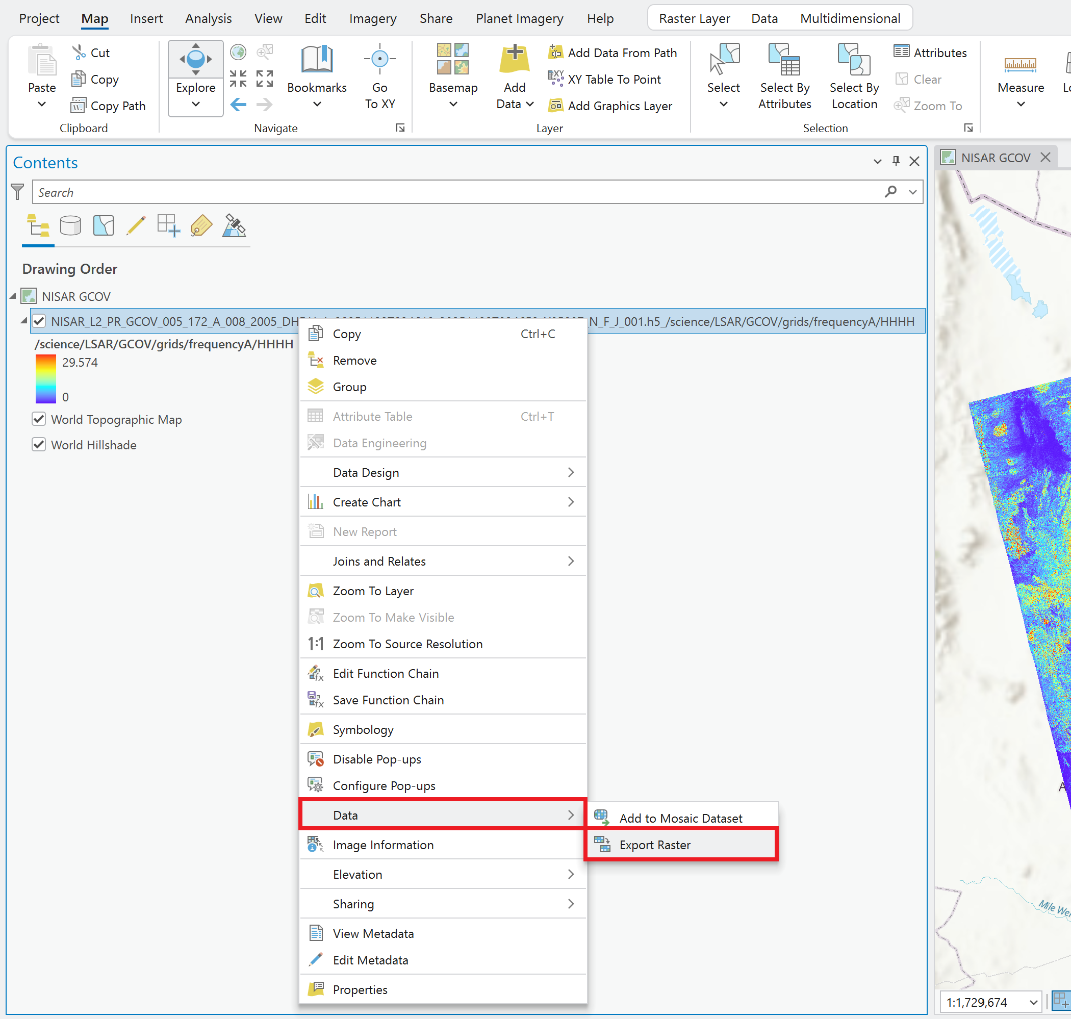 Screenshot demonstrating accessing the Export Raster function from the context menu for an item in the **Contents** pane in ArcGIS Pro