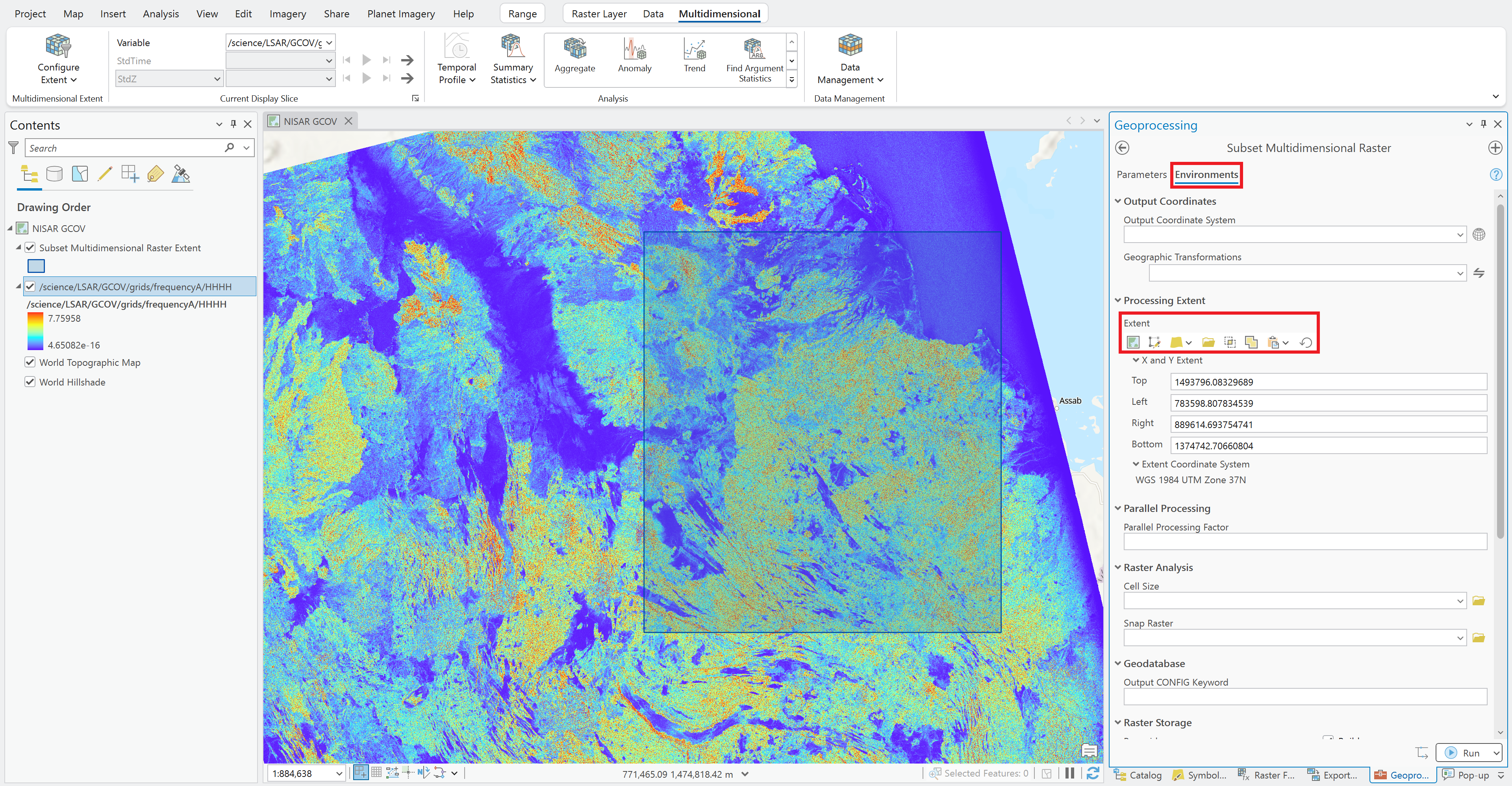 Screenshot demonstrating applying a spatial extent environment setting to the subset tool in ArcGIS Pro