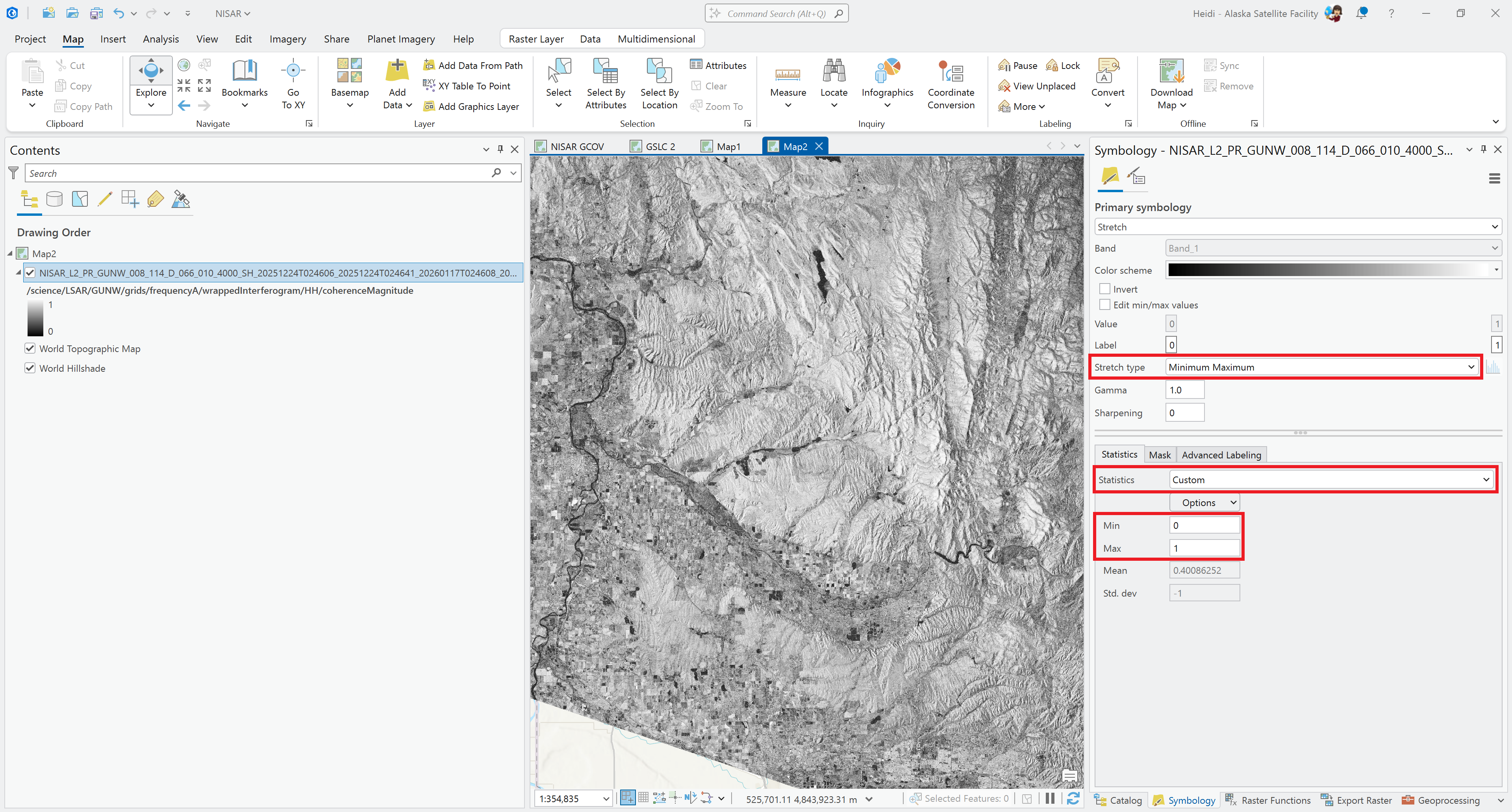 Screenshot showing a common approach for viewing coherence data in ArcGIS Pro