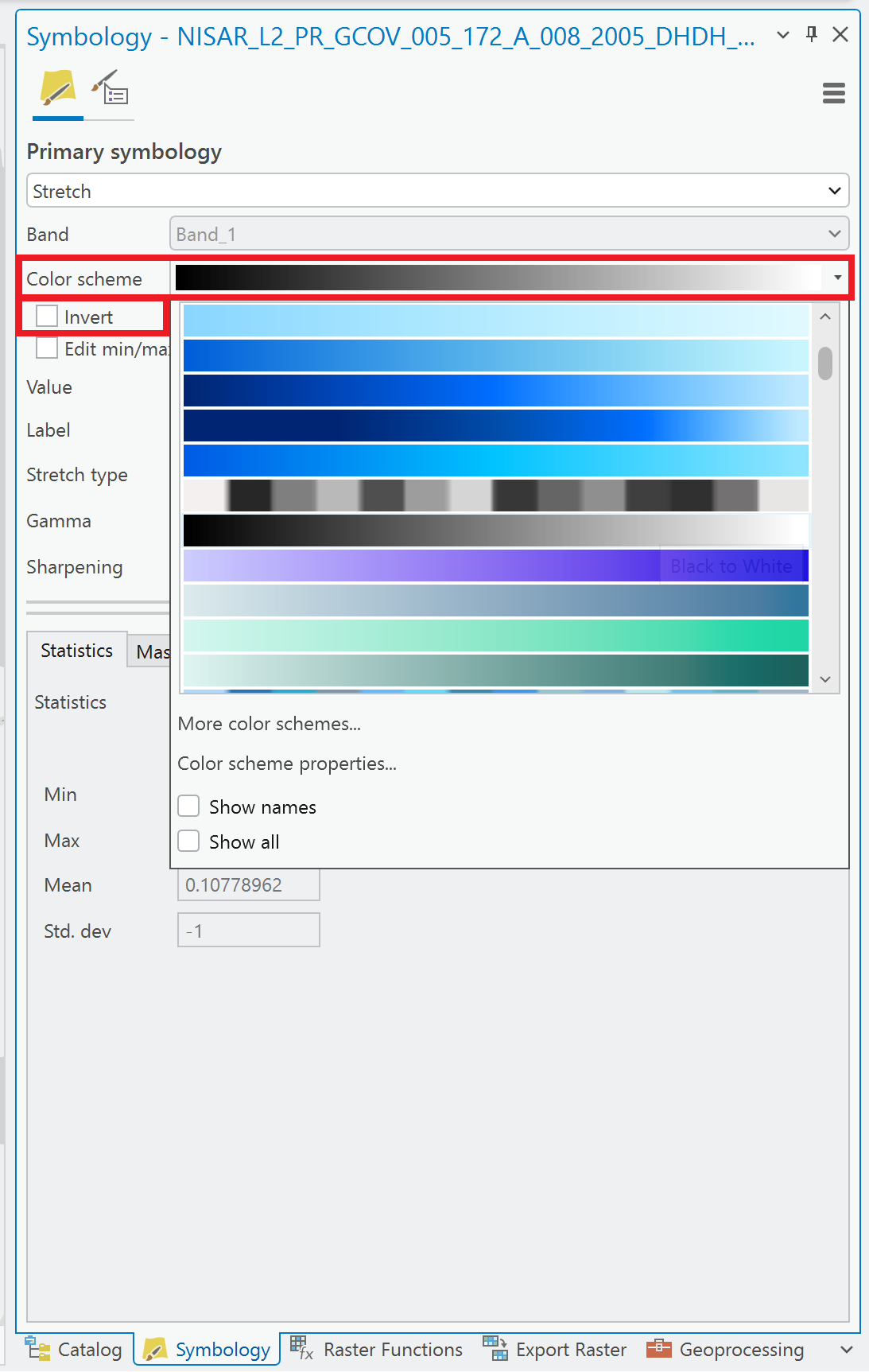 Screenshot showing how to set the color scheme in ArcGIS Pro