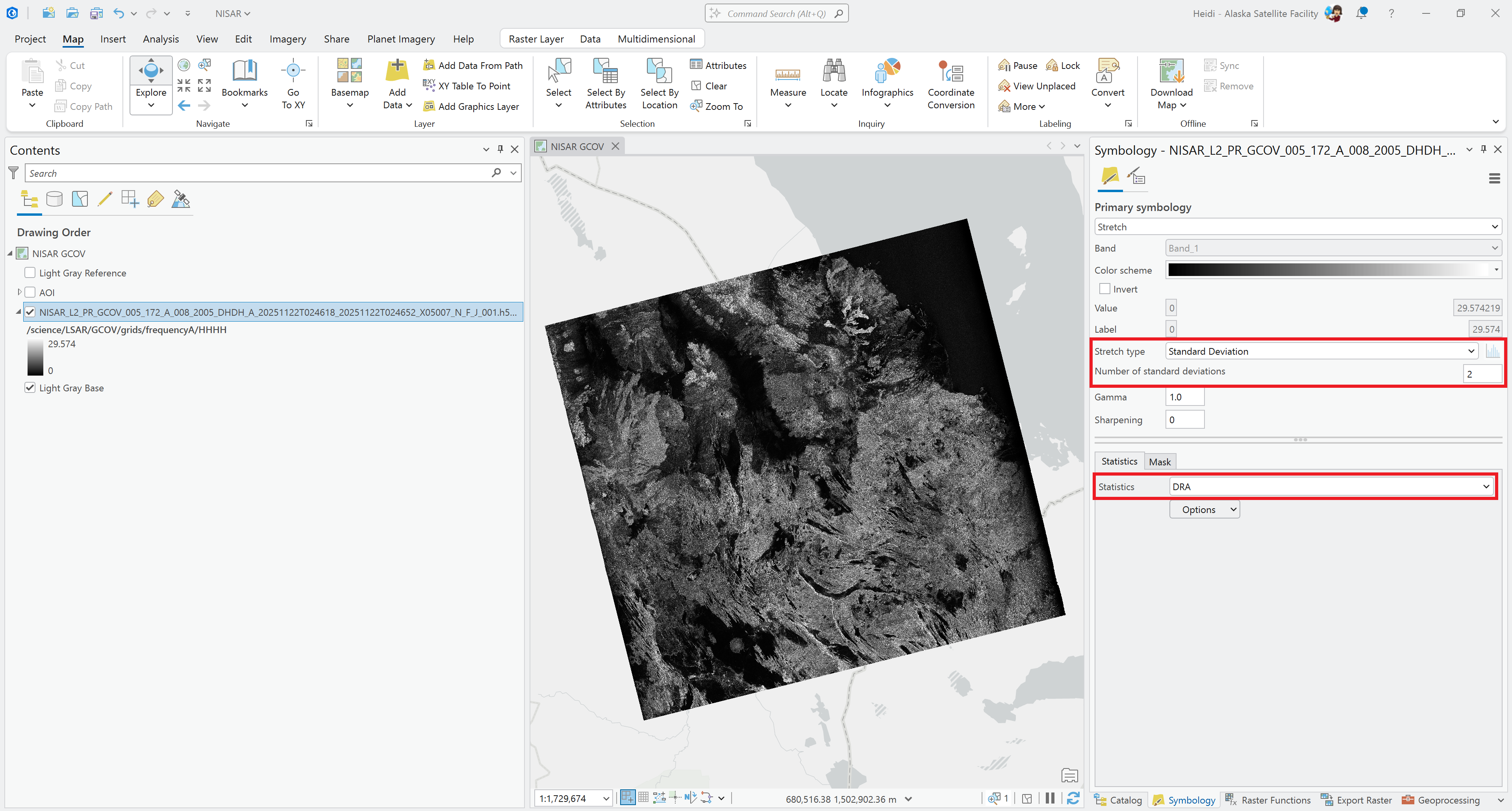 Screenshot showing how to set a standard deviation stretch symbology using dynamic range adjustment in ArcGIS Pro