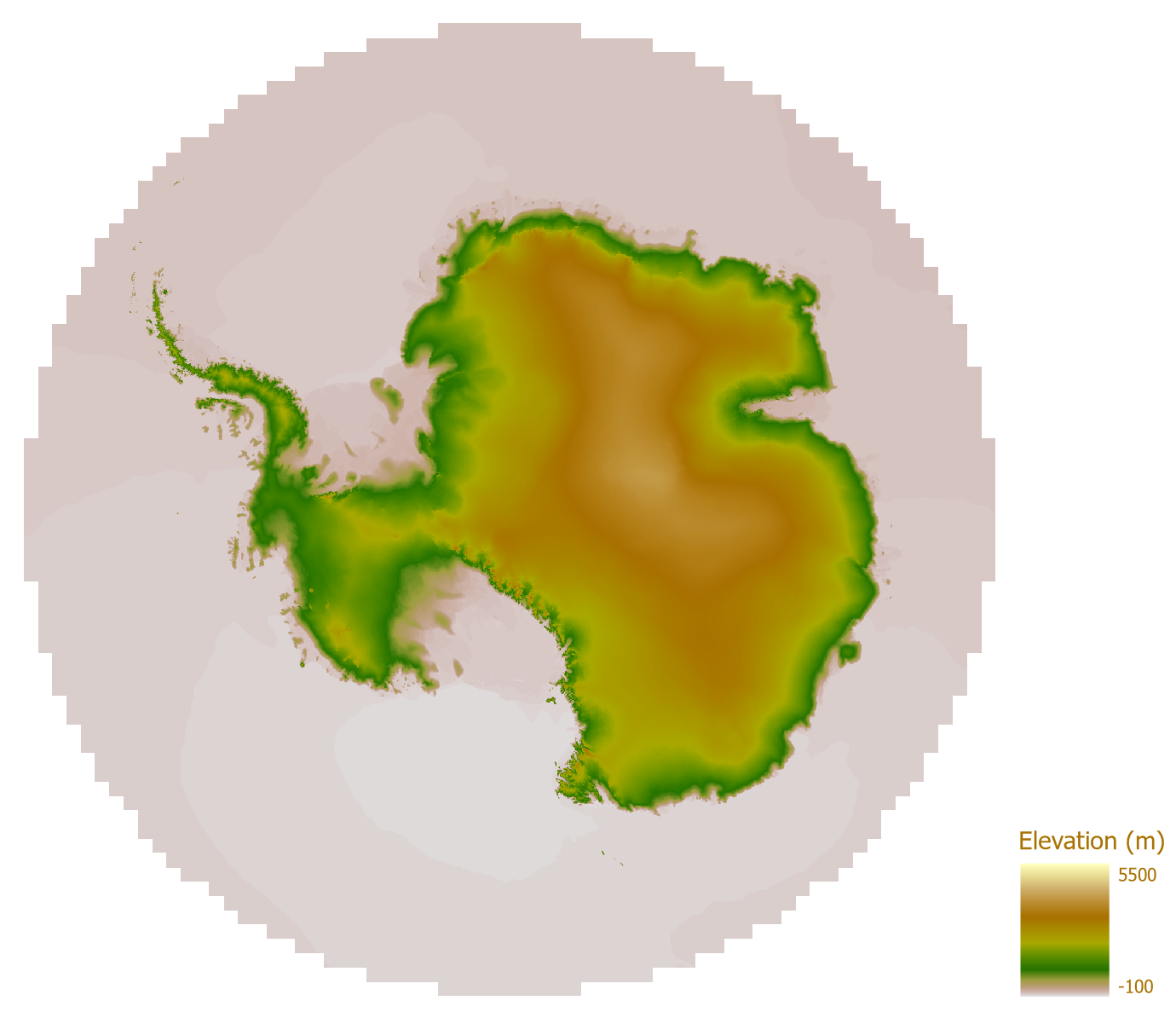 Visualization of the South Polar Stereographic DEM for NISAR. This dataset provides coverage south of 60°S using the Antarctic Polar Stereographic projected coordinate system ([EPSG 3031](https://epsg.io/3031)), based on the WGS84 coordinate reference system. 