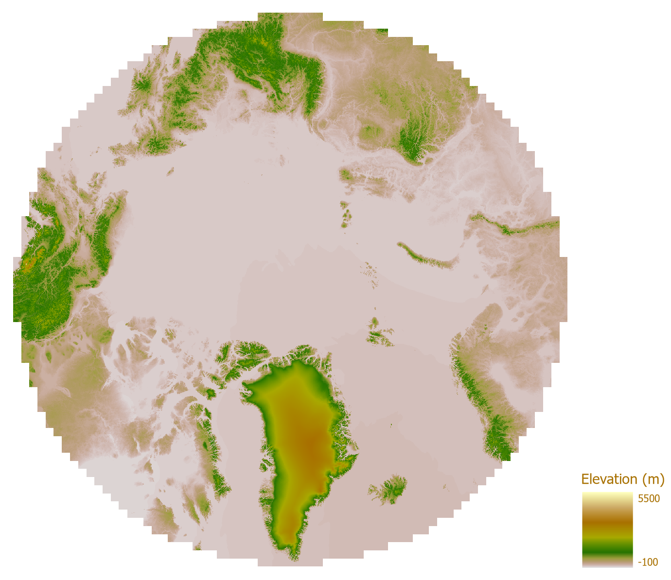 Visualization of the North Polar Stereographic DEM for NISAR. This dataset provides coverage north of 60°N using the NSIDC Sea Ice Polar Stereographic North projected coordinate system ([EPSG 3413](https://epsg.io/3413)), based on the WGS84 coordinate reference system.