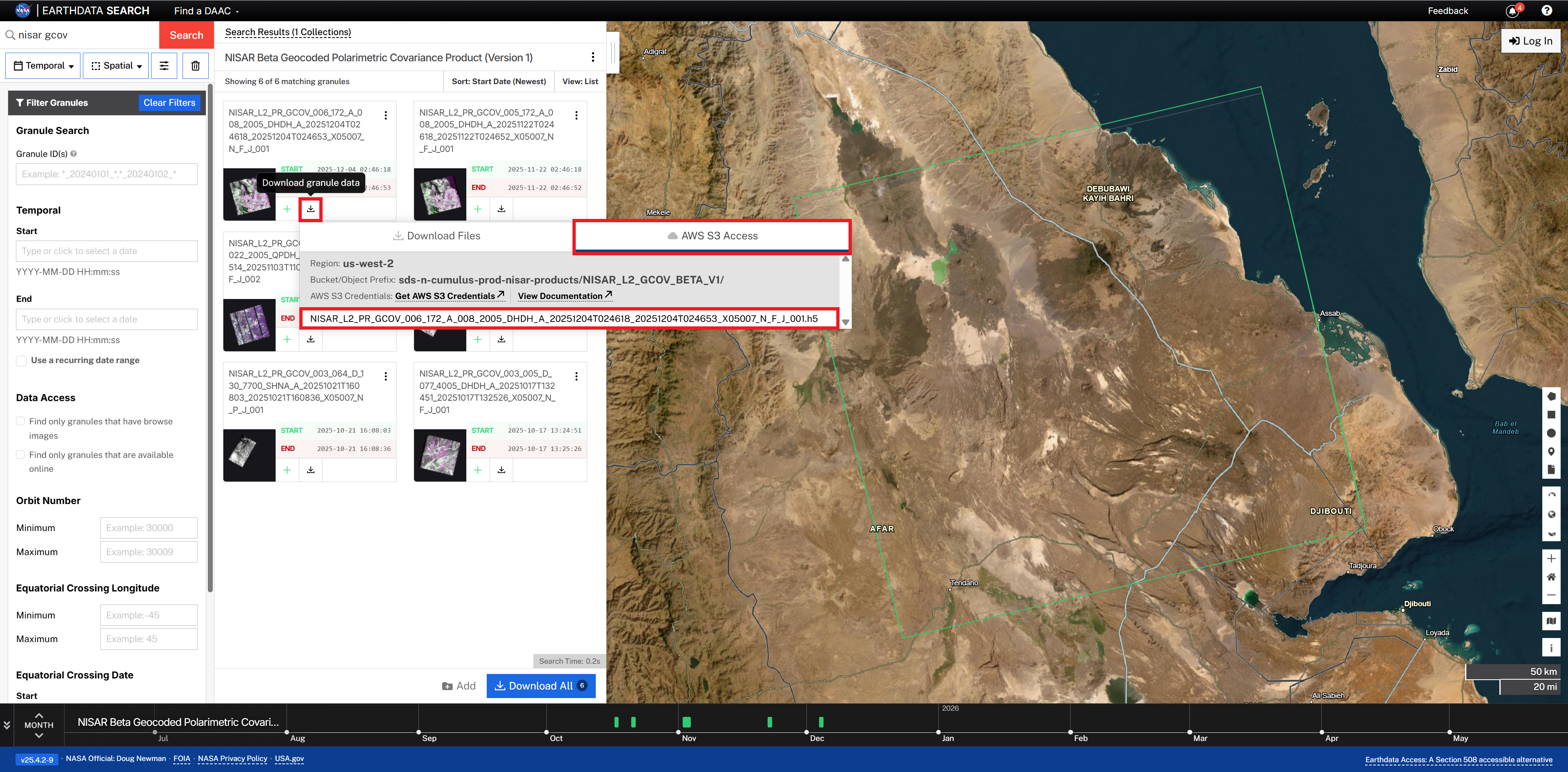 Screenshot showing how to copy an S3 URL from Earthdata Search results