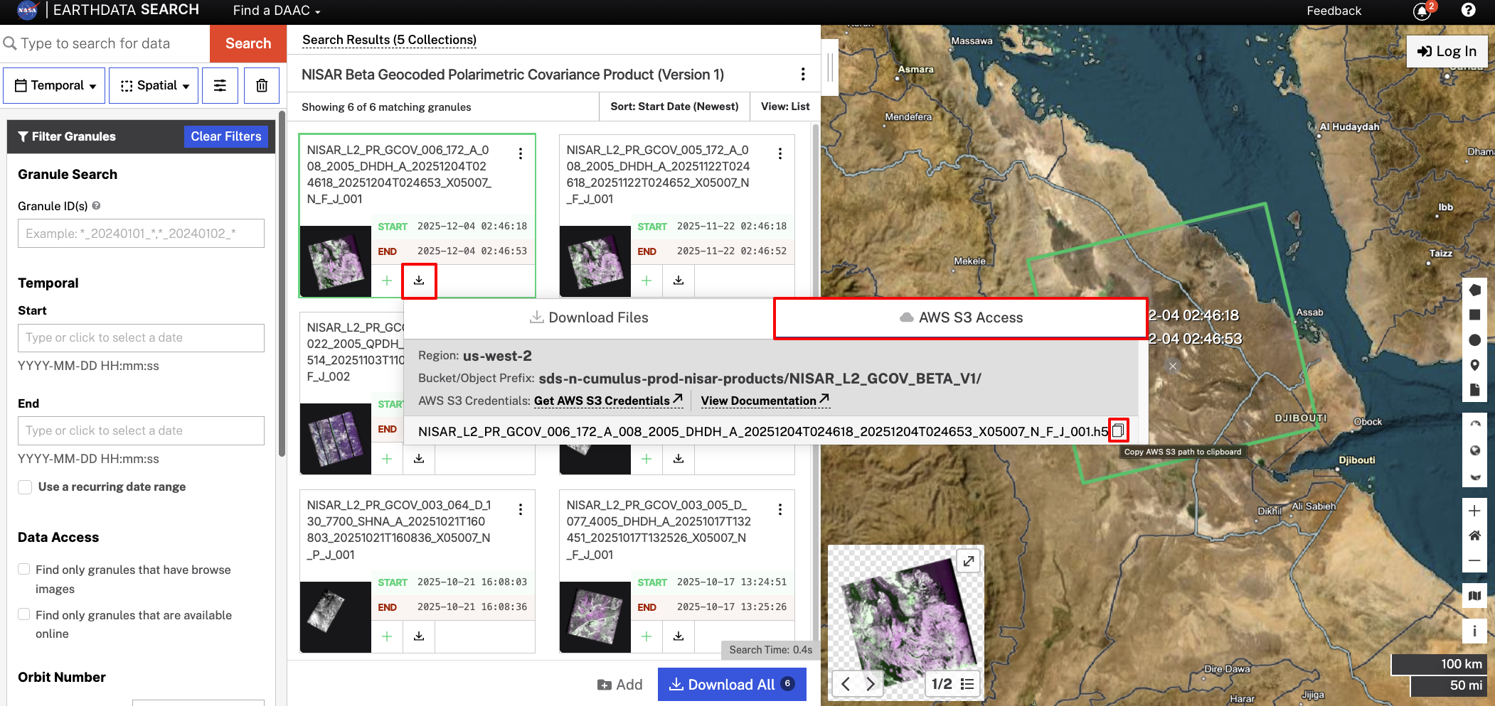 Screenshot showing how to retrieve the S3 access path for a single GCOV granule.