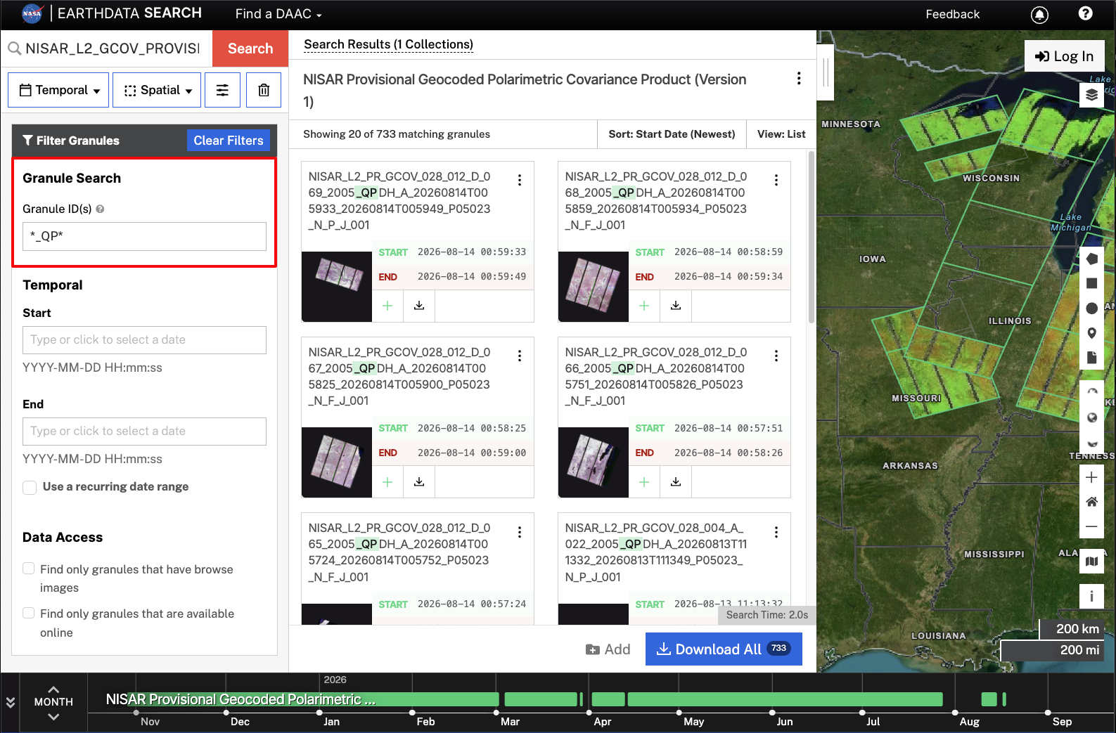 Screenshot showing a Granule ID search using `*_QP*` to find quad-pol GCOV products.