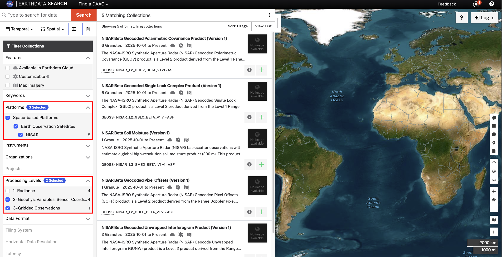 Screenshot showing the platform and processing level filters in Earthdata Search selected to be NISAR and Level 2 and Level 3, respectively.