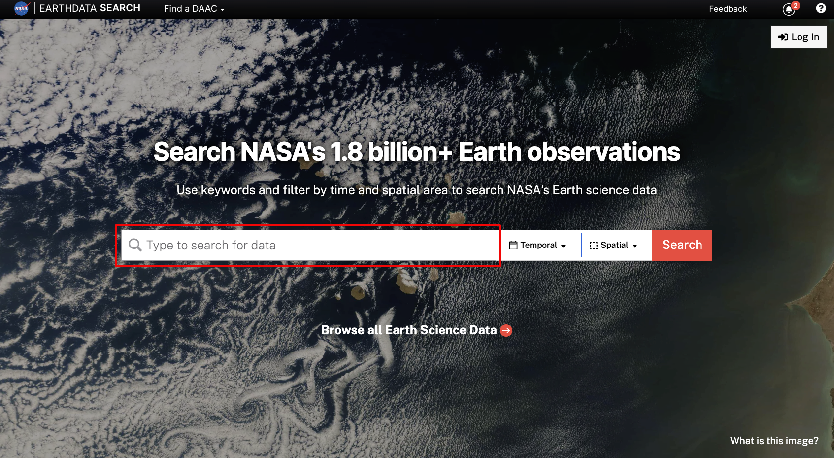 Image of the Earthdata Search web interface with the search bar highlighted.