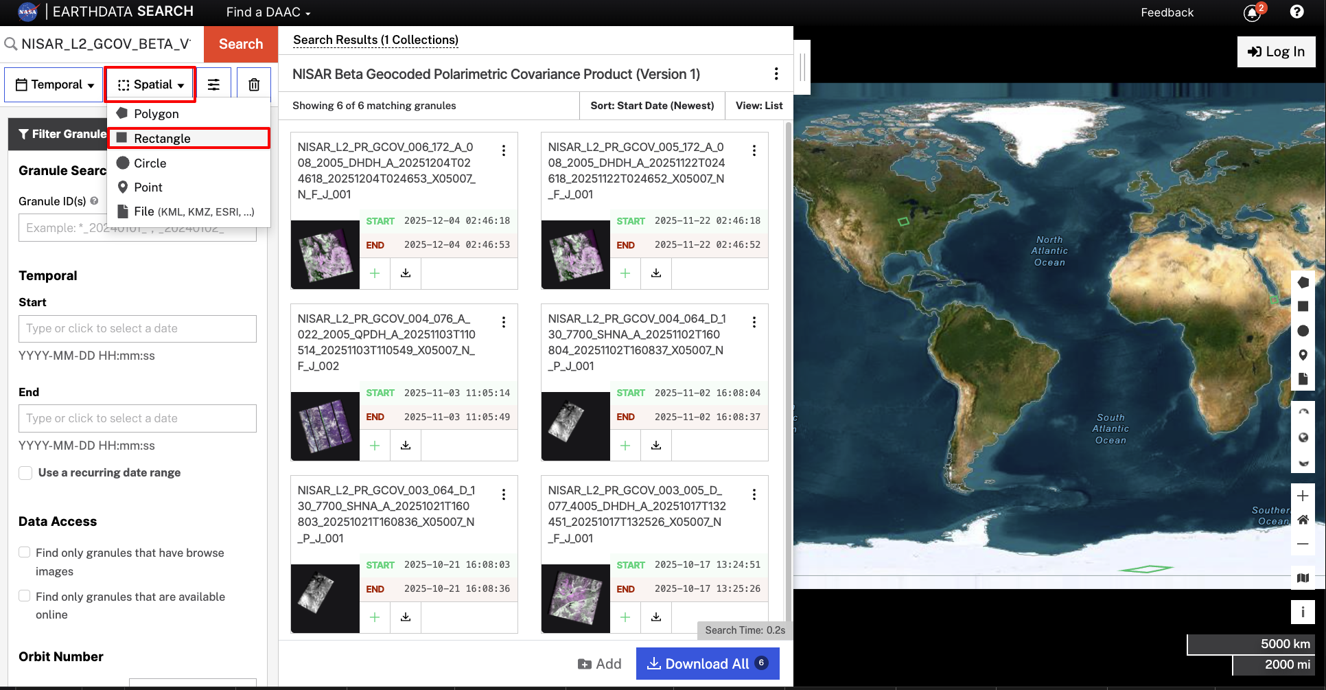 Screenshot showing a rectangular spatial search of GCOV products.