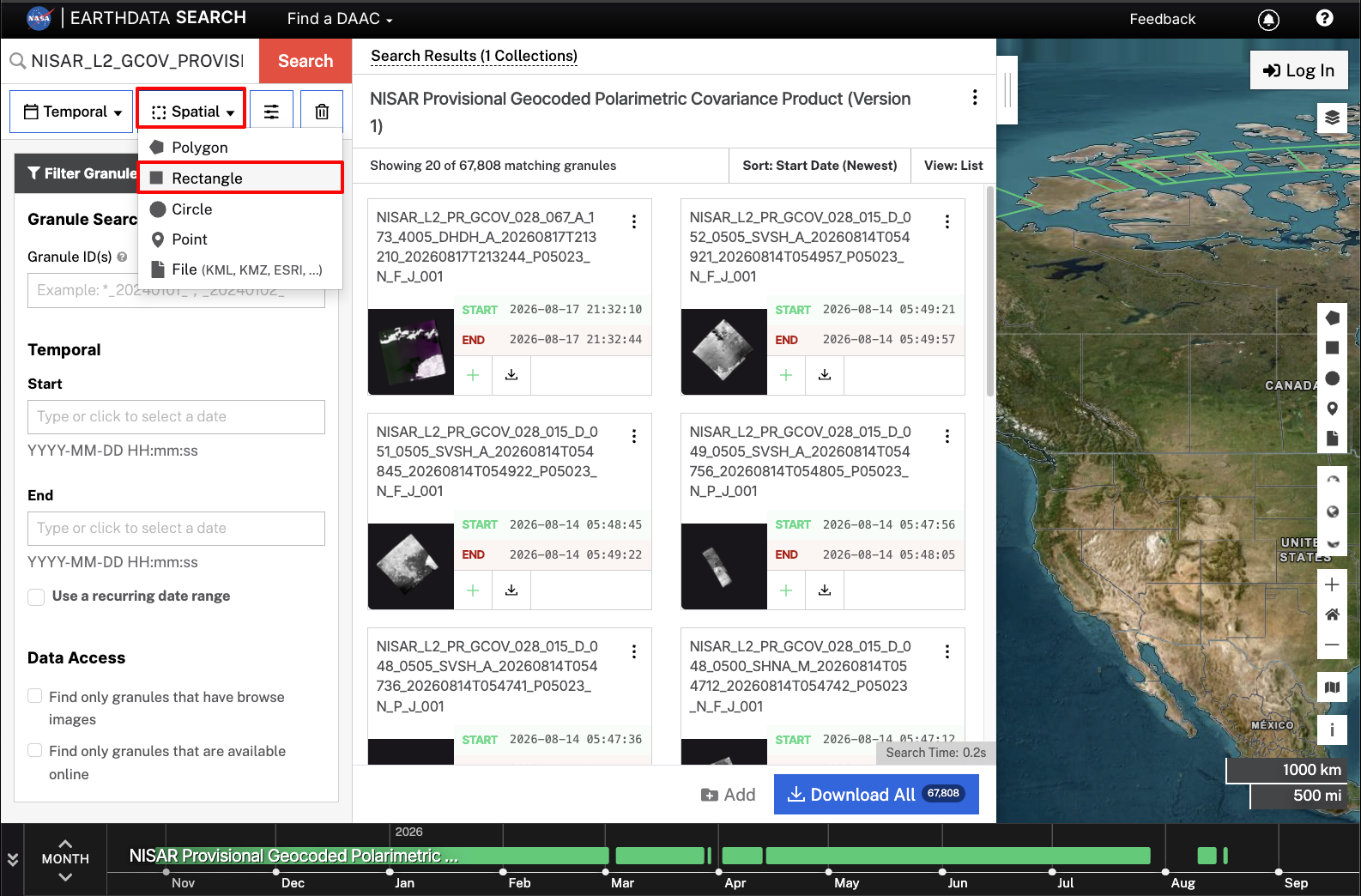 Screenshot showing a rectangular spatial search of GCOV products.