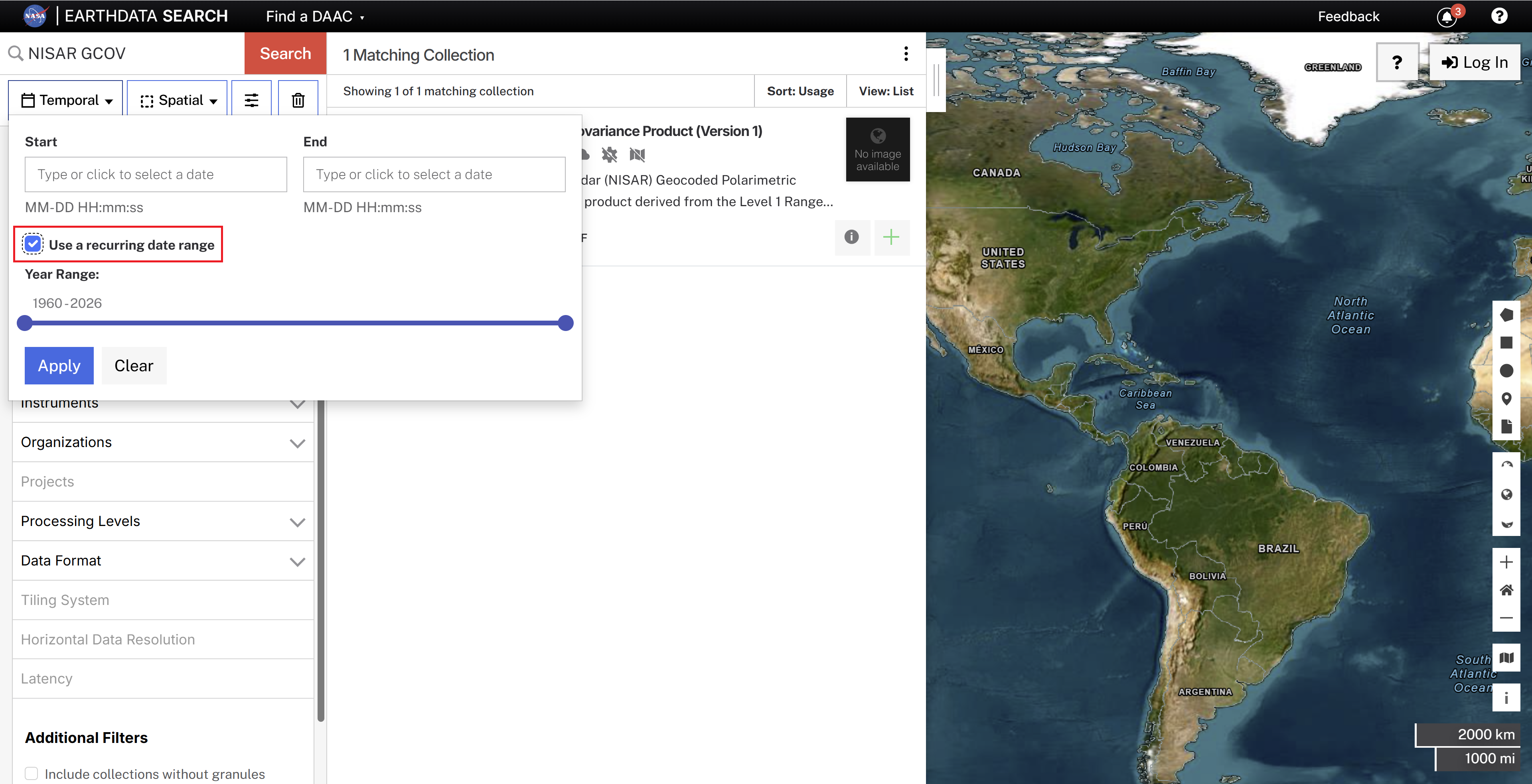 Screenshot showing a recurring temporal search for GCOV products.