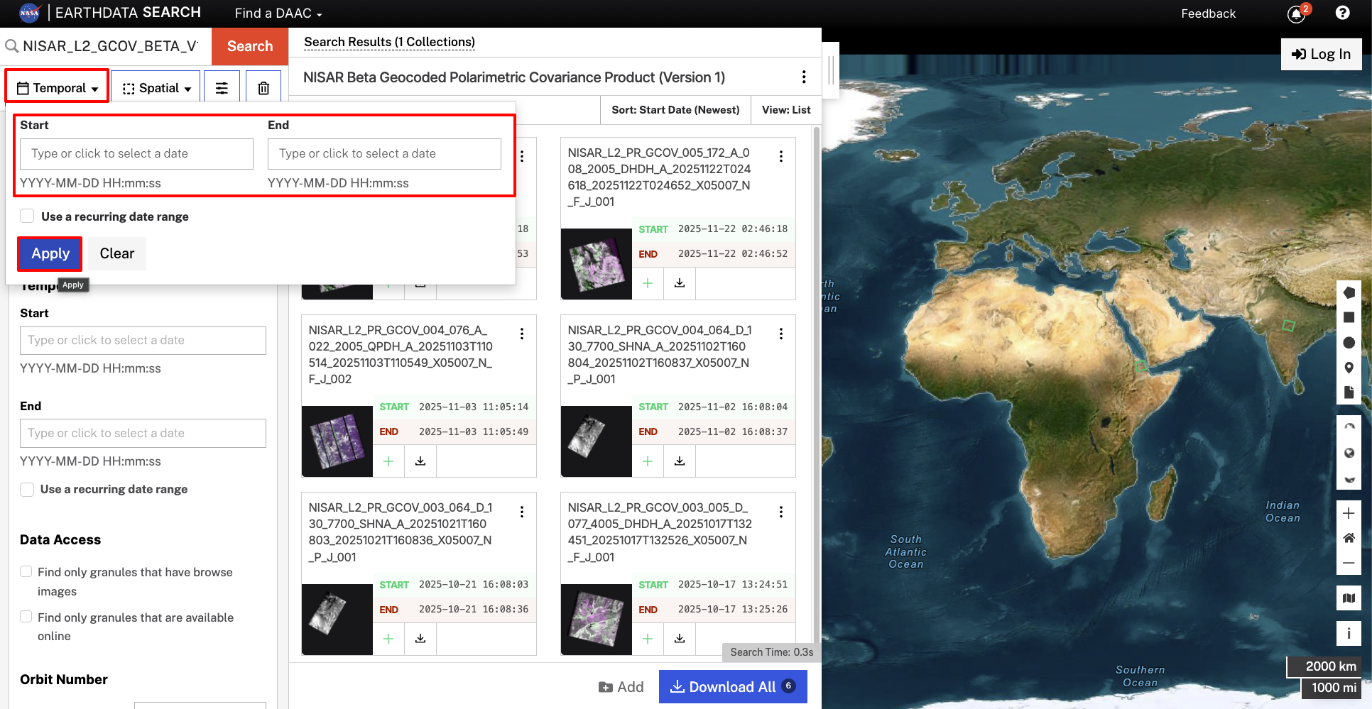 Screenshot showing the temporal search of GCOV products.