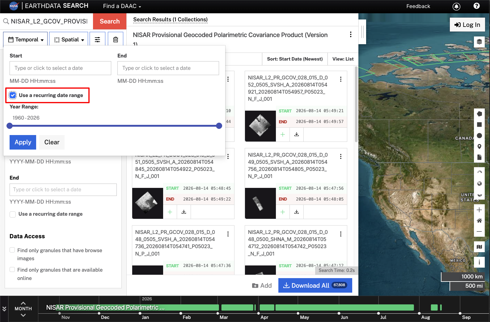 Screenshot showing a recurring temporal search for GCOV products.