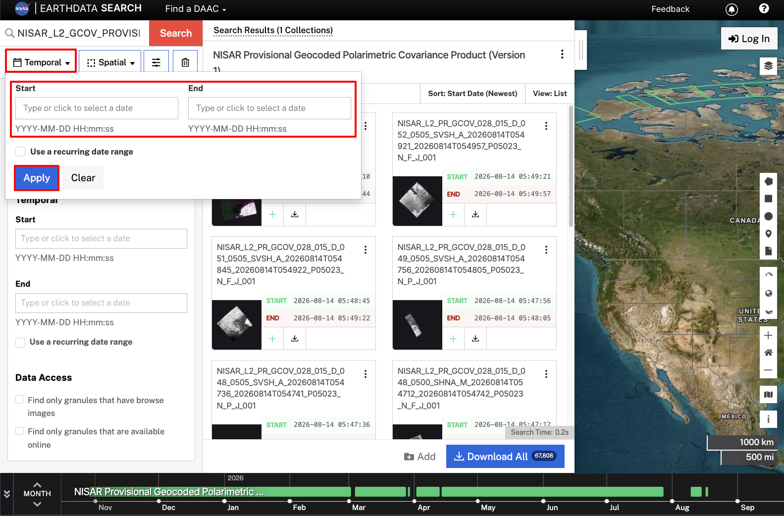Screenshot showing the temporal search of GCOV products.