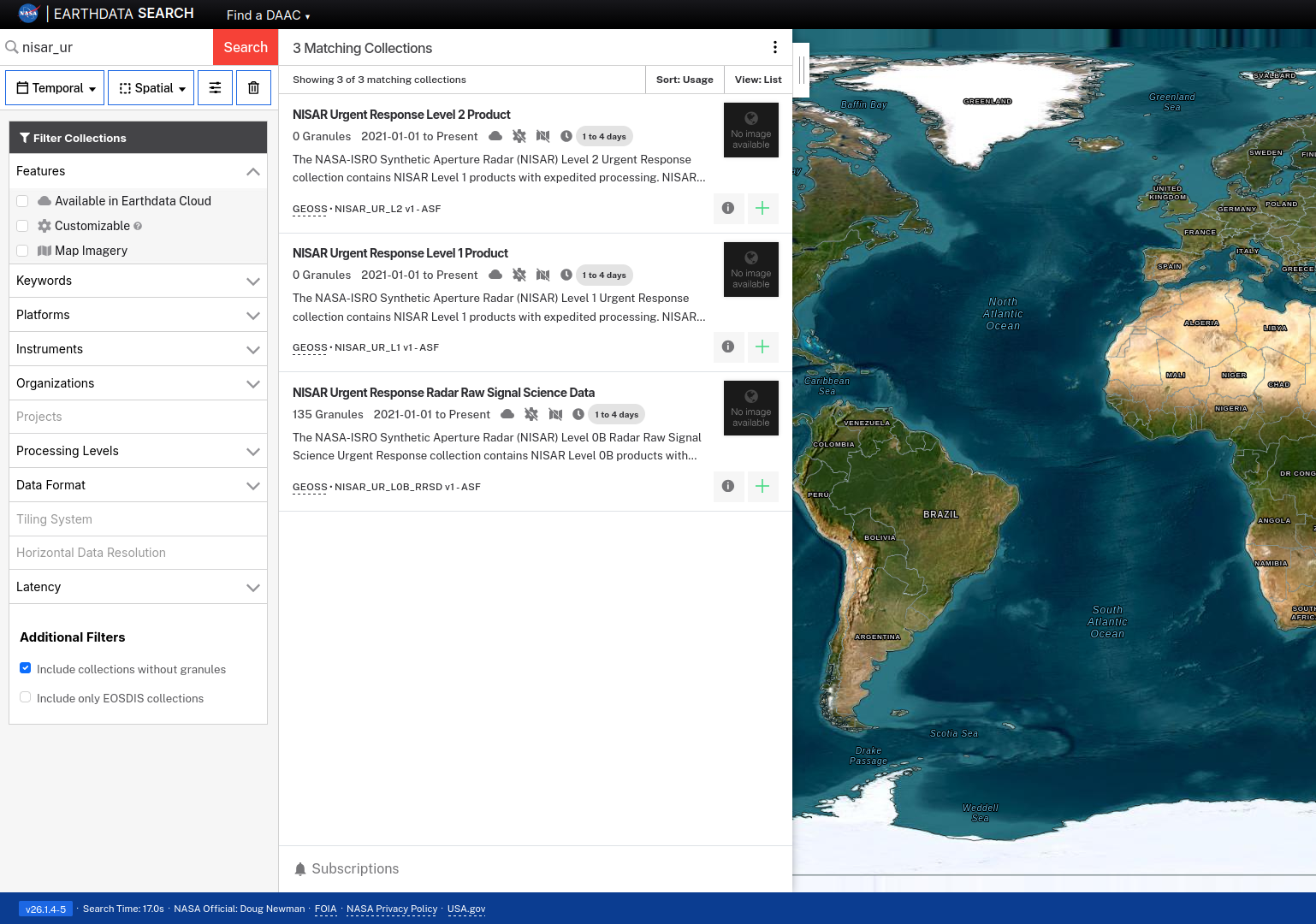 Screenshot of the Urgent Response results in Earthdata Search.