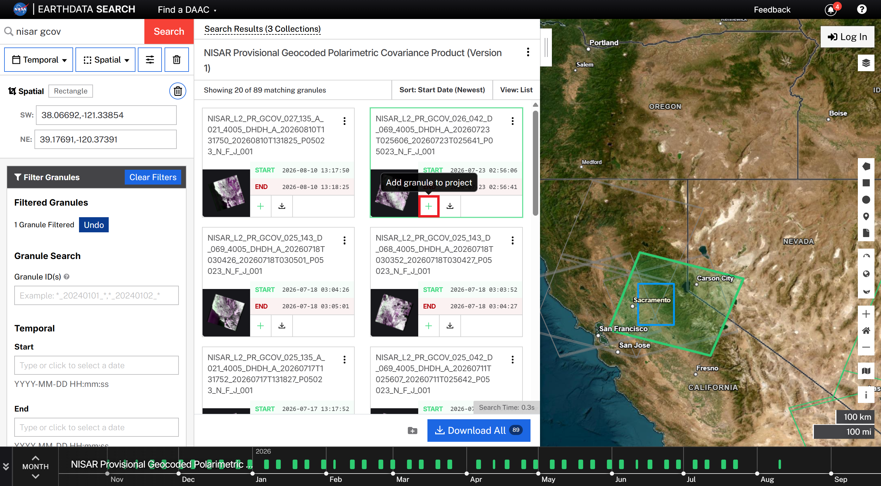 Screenshot of adding an item to a project in Earthdata Search