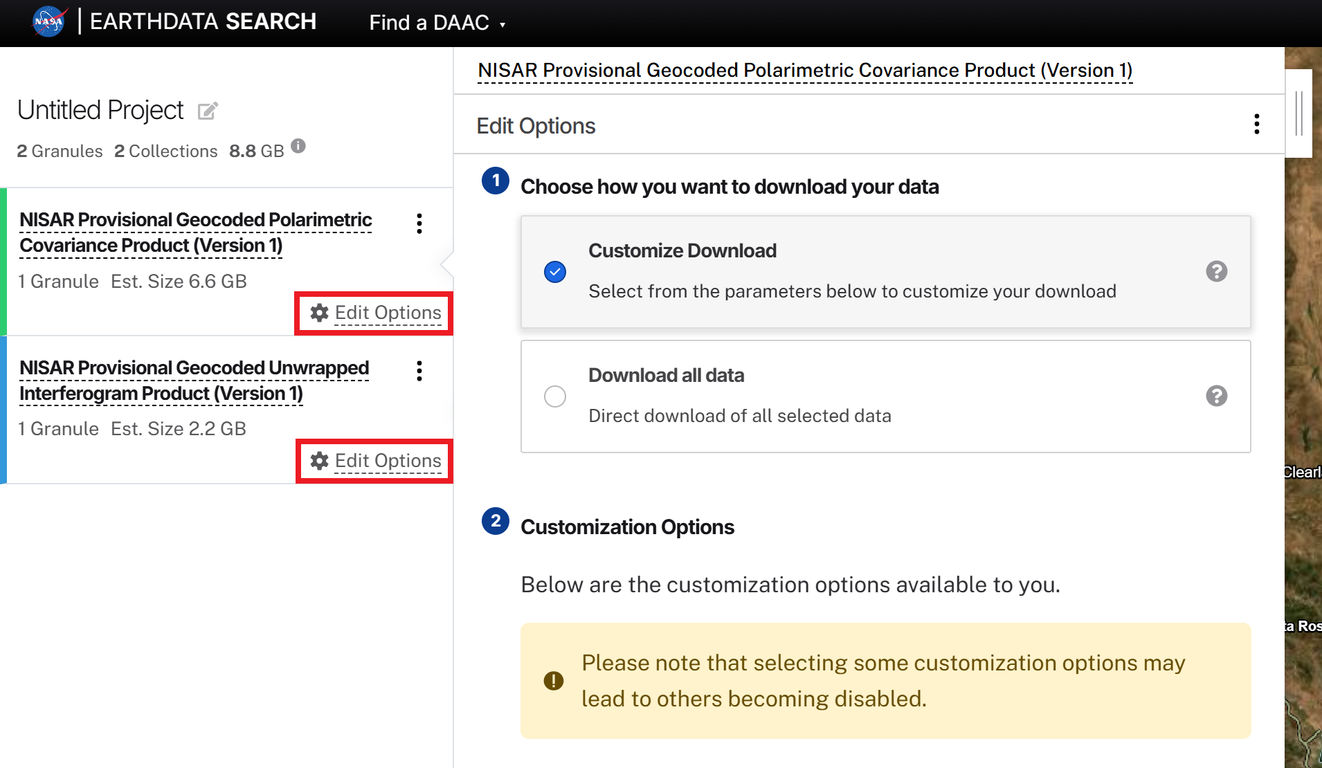 Screenshot of accessing the download options for each collection when multiple collections are added to the same project