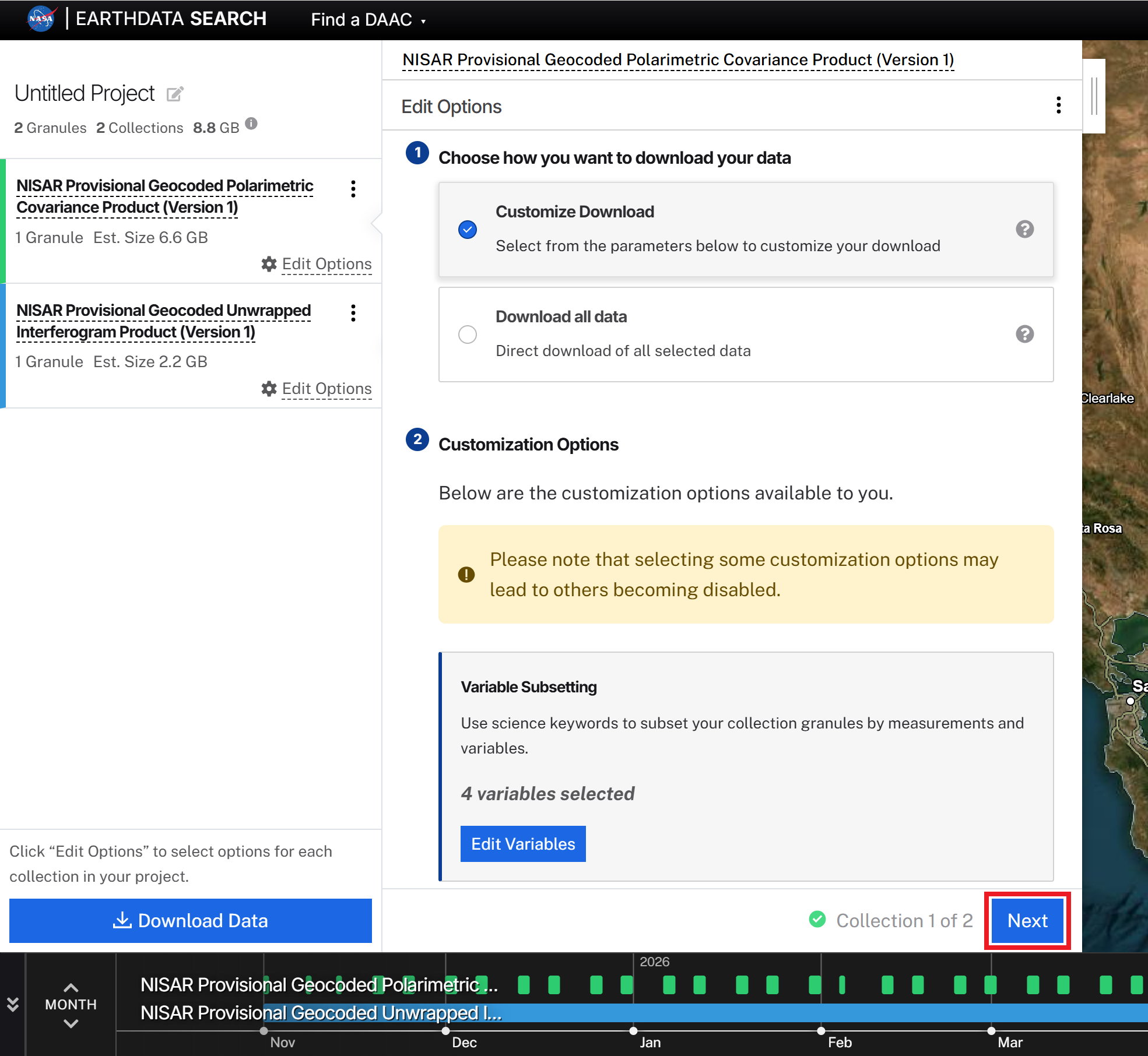 Screenshot of using the Next button to access the download options for each collection when multiple collections are added to the same project