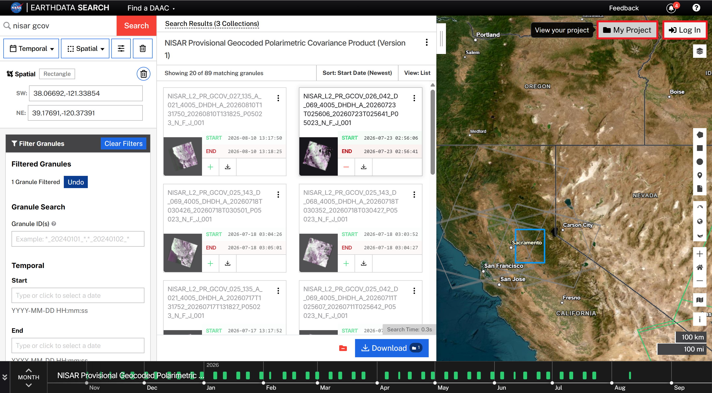 Screenshot of opening the My Project pane in Earthdata Search