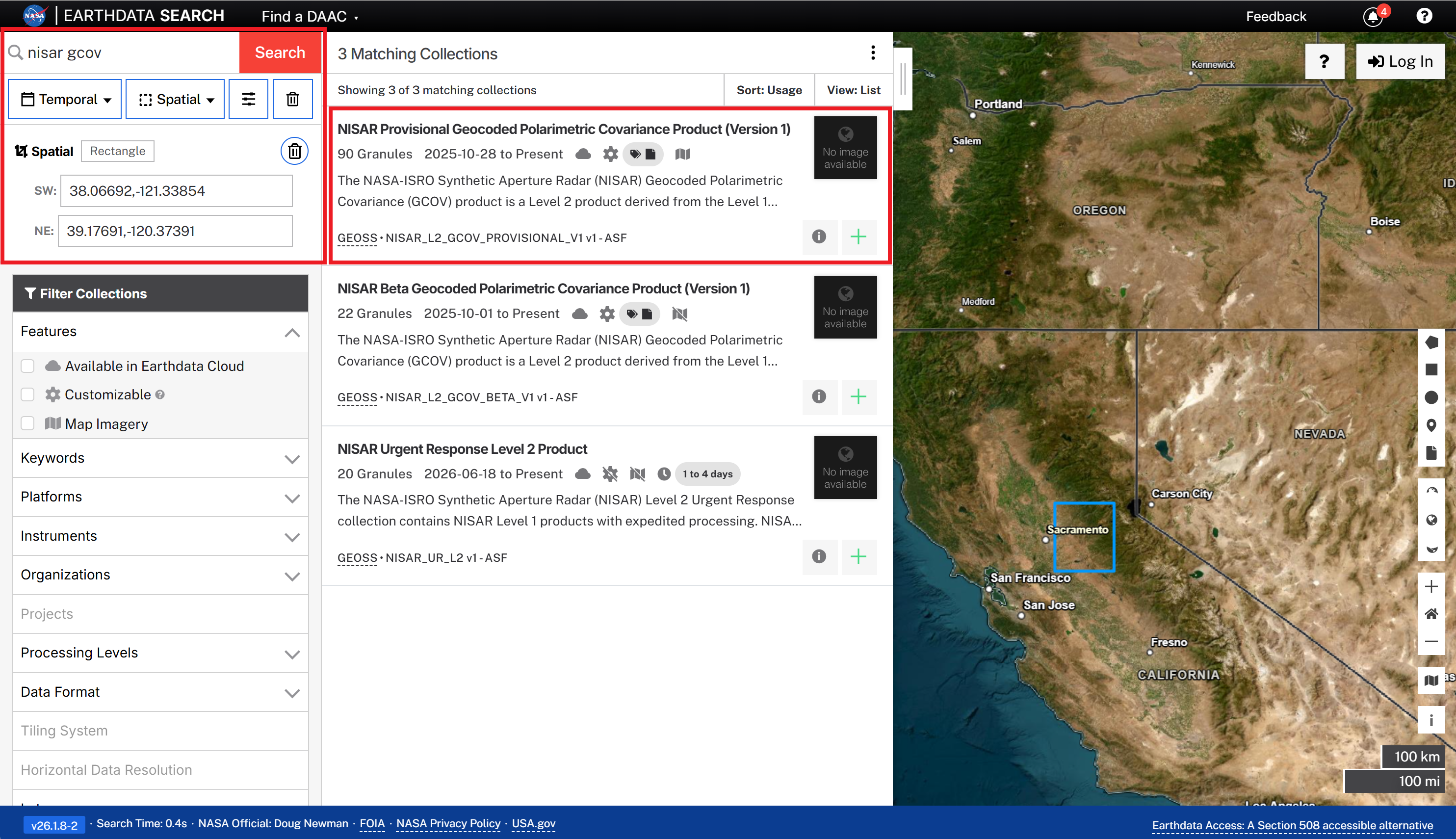 Screenshot of searching for a GCOV product in Earthdata Search