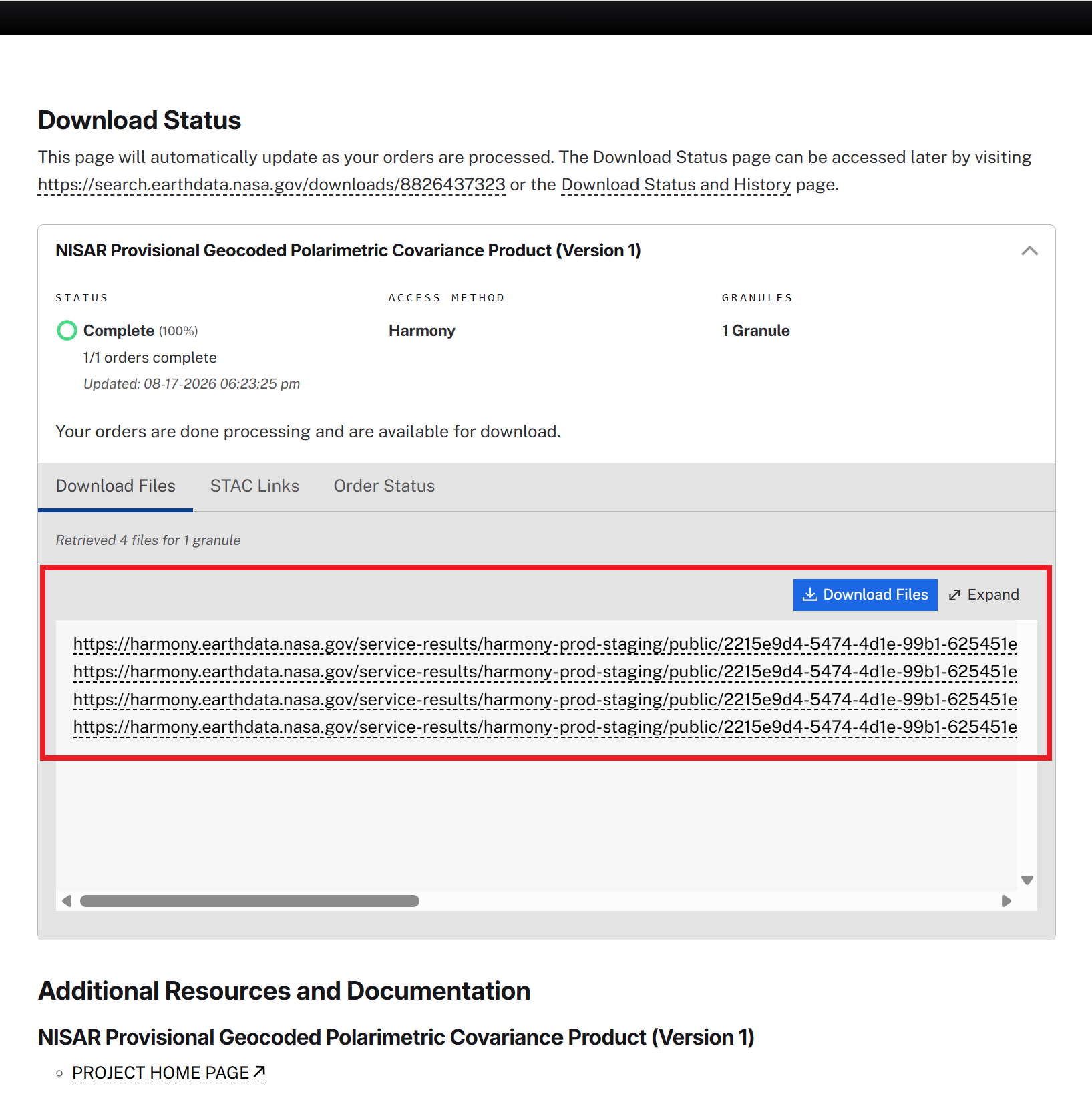 Screenshot of the Harmony Status page in Earthdata Search showing a completed job