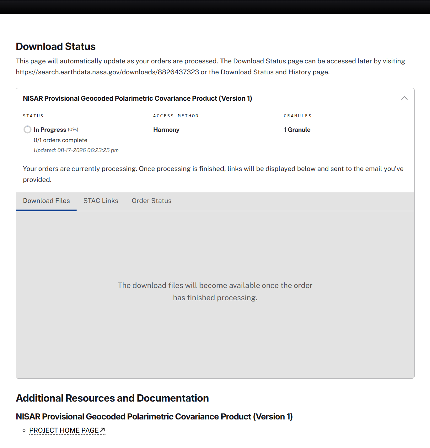 Screenshot of the Harmony Status page in Earthdata Search