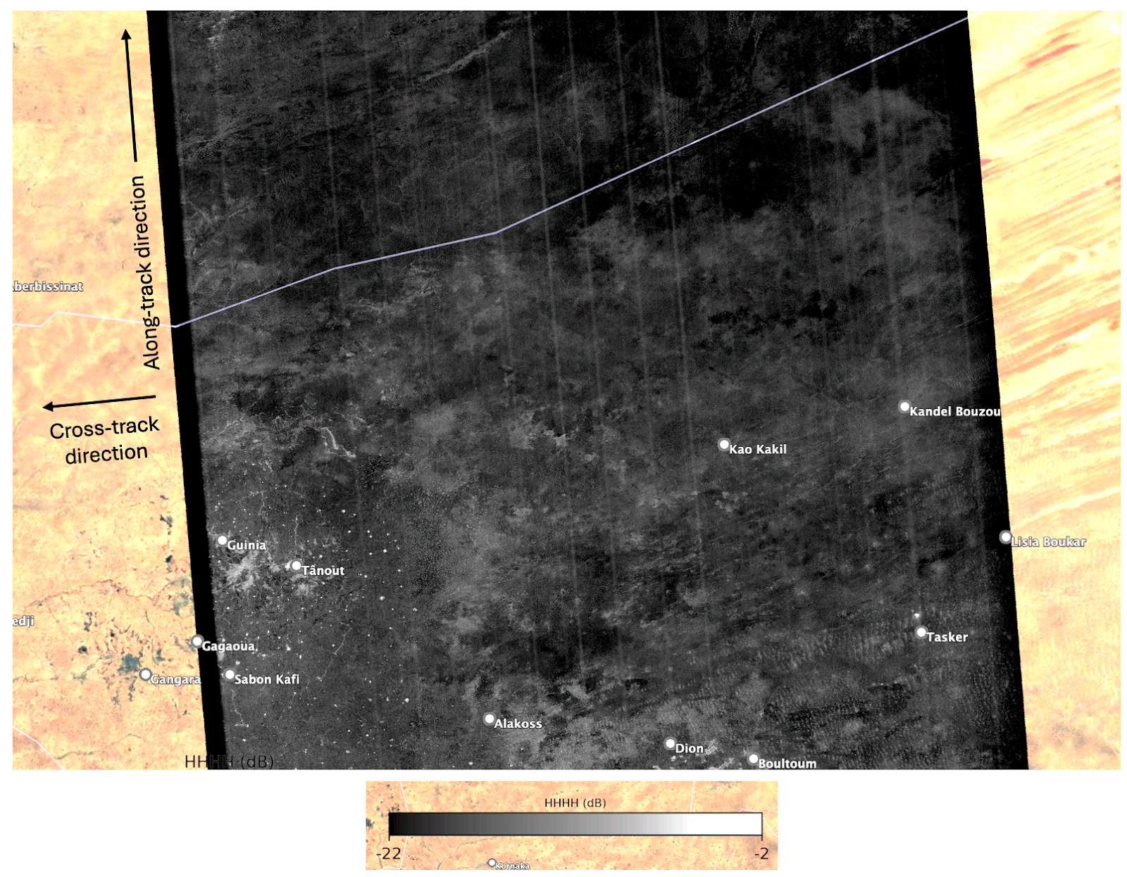 Parallel streaks in along-track direction in very low backscatter areas (here shown in GCOV HH Frequency B)