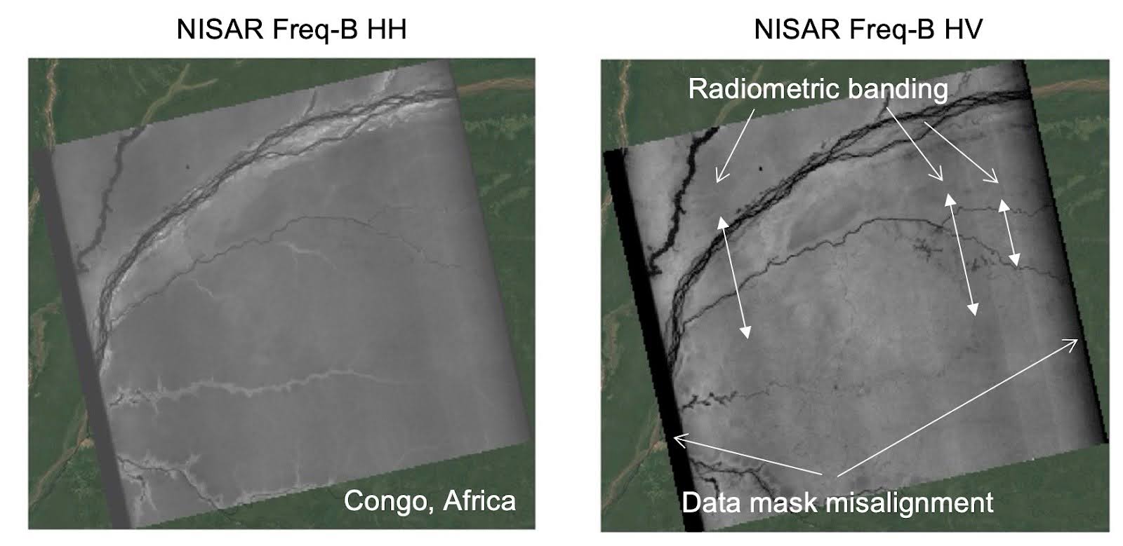 Illustration of radiometric banding and misalignment of the data mask for co- and cross-polarized NISAR data