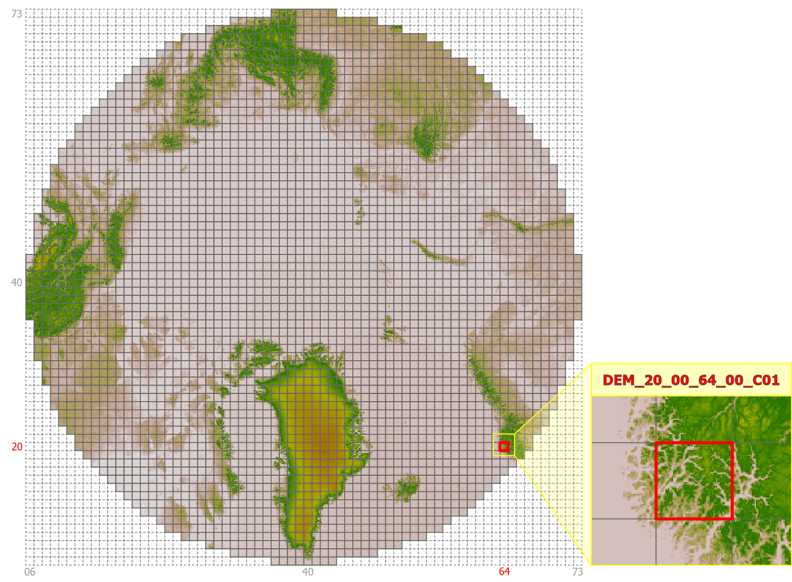 Gridding system for the North Polar Stereographic DEM dataset, highlighting an example tile location and its corresponding file name.