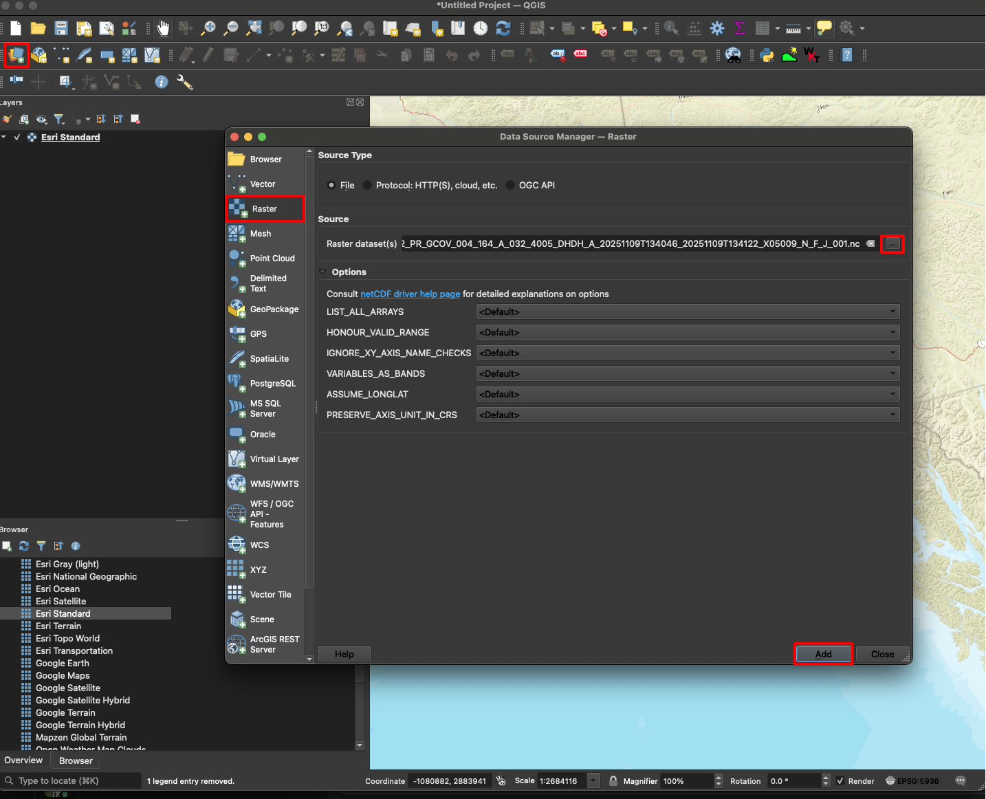 Screenshot highlighting the **Open Data Source Manger** button and the Raster data type to select when adding NISAR data.