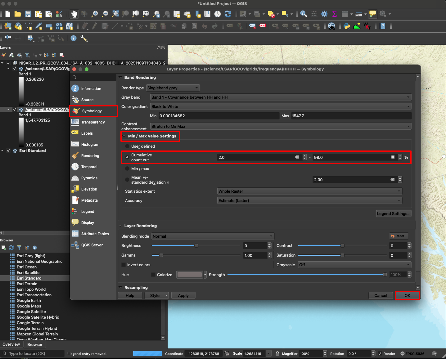 Screenshot showing the **Symbology** for a NISAR GCOV data layer to highlight the minimum and maximum values of the color ramp
