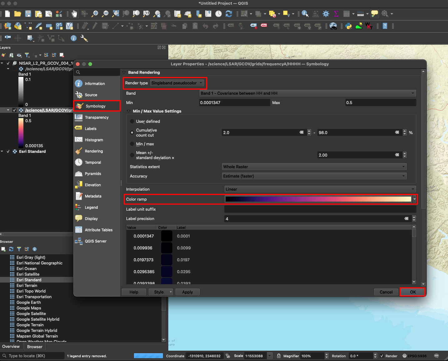 Screenshot showing the **Symbology** for a NISAR GCOV data layer to highlight the option to adjust the color ramp