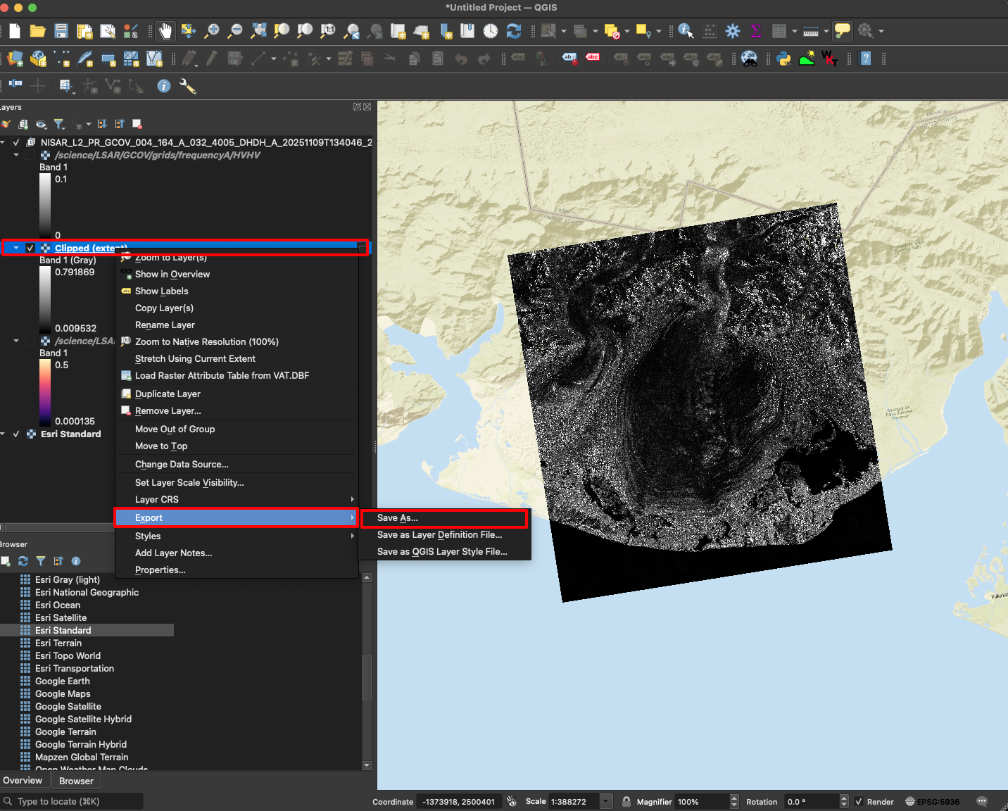 Screenshot showing the **Export** option for a layer in QGIS