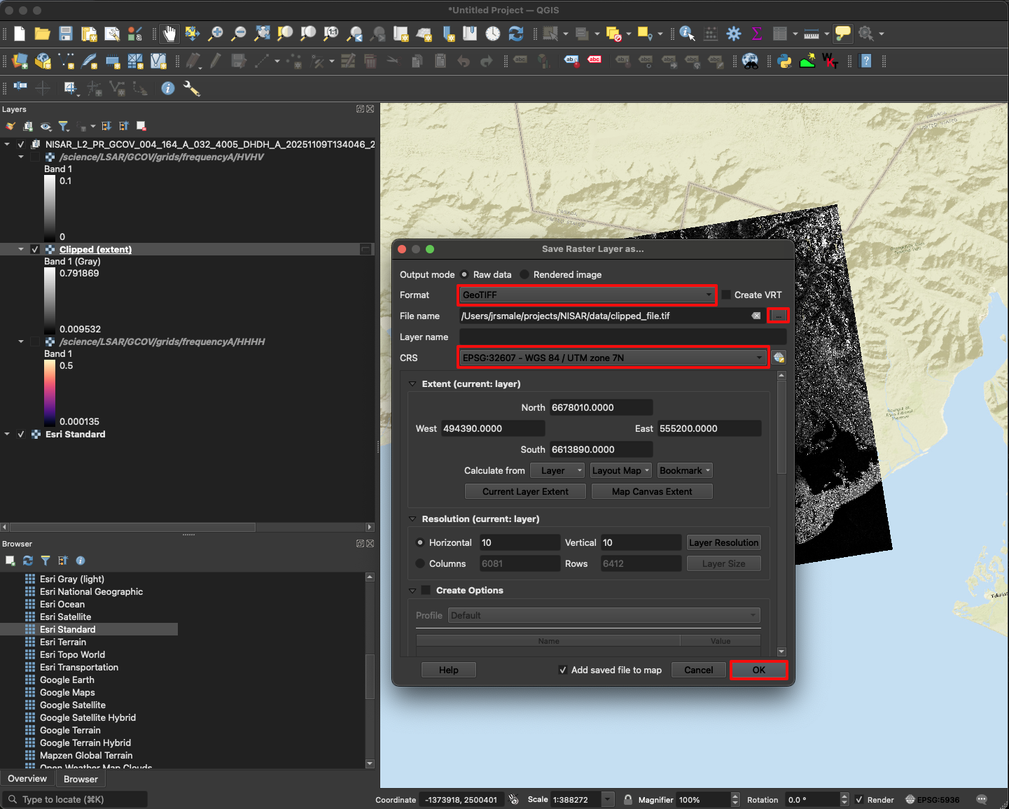 Screenshot showing the options while exporting a layer to a data file