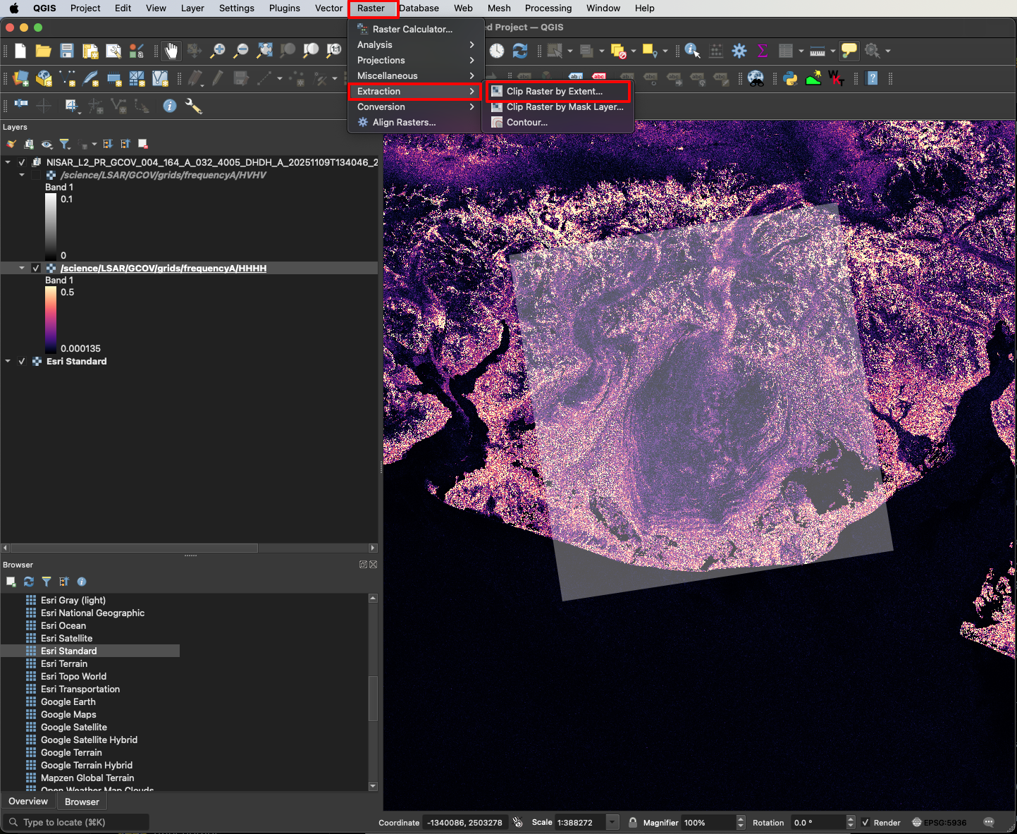 Screenshot showing how to access the **Clip Raster by Extent** raster tool