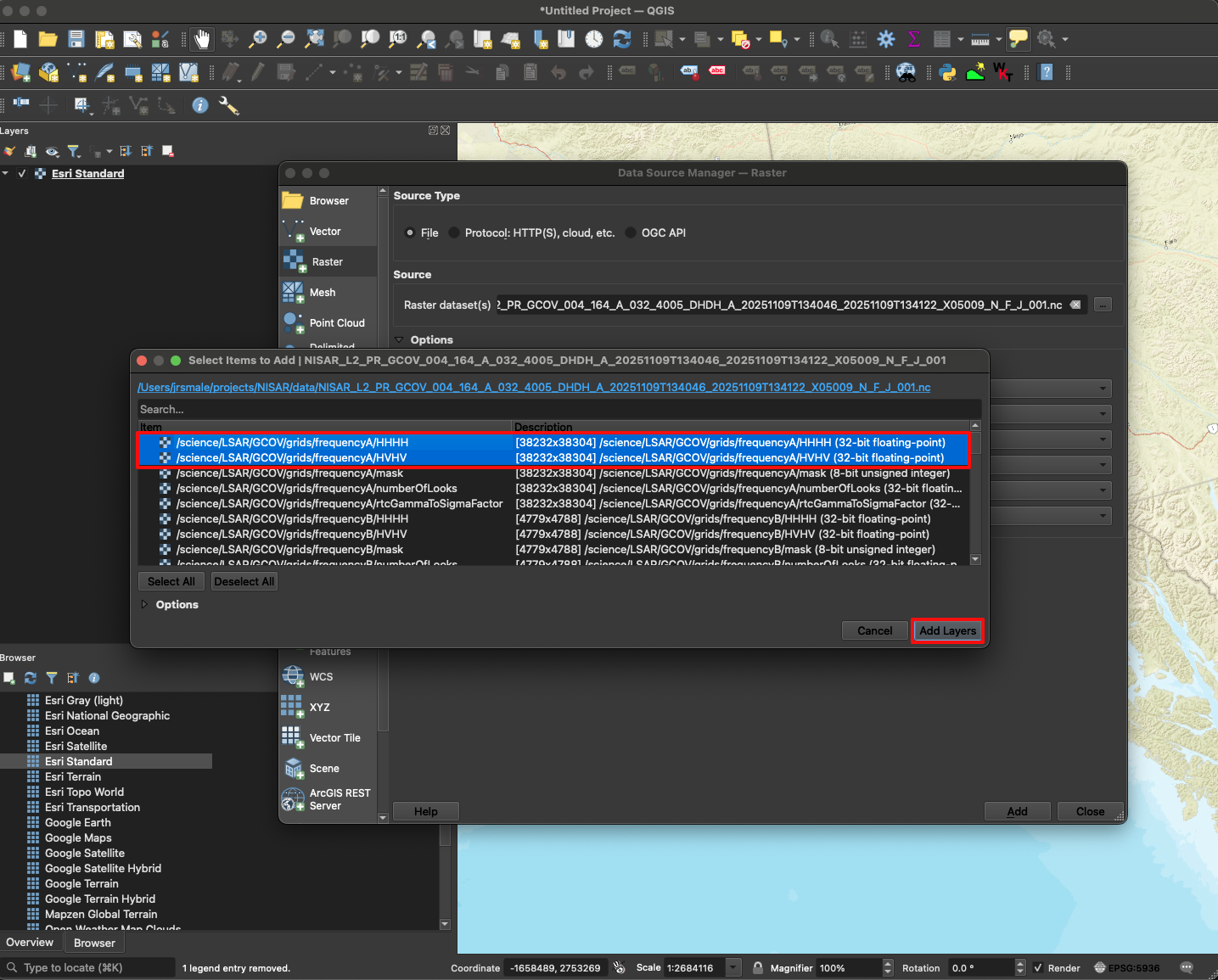 Screenshot highlighting the list of layers that pop up after adding NISAR data in QGIS