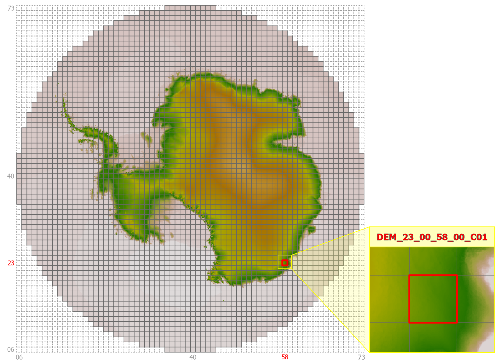 Gridding system for the South Polar Stereographic DEM dataset, highlighting an example tile location and its corresponding file name.