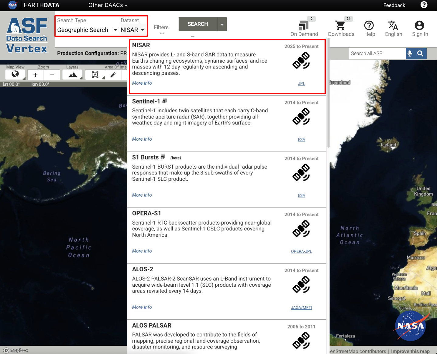 Image depicting the option to select "NISAR" from the "Datset" options.