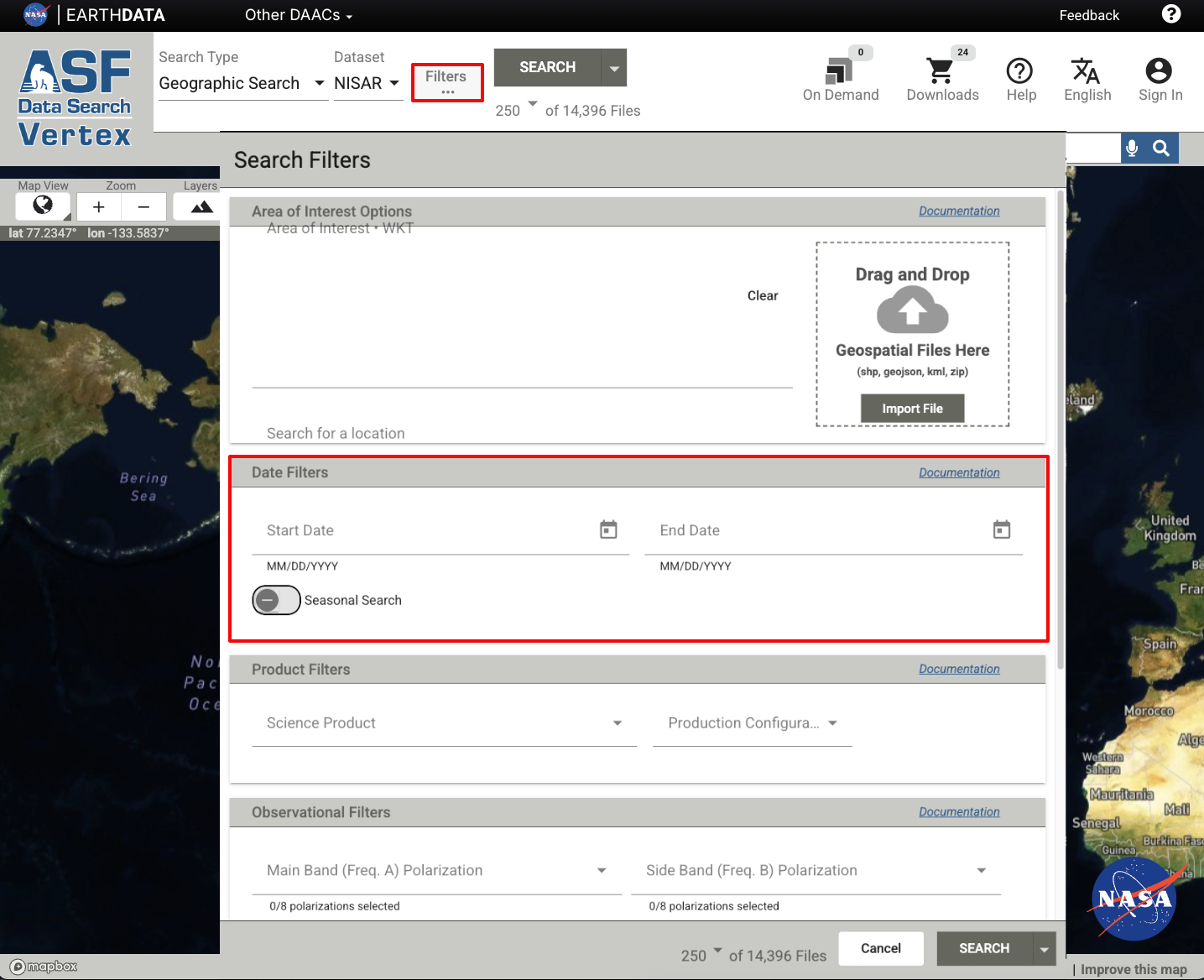 Screenshot displaying the date filters option.