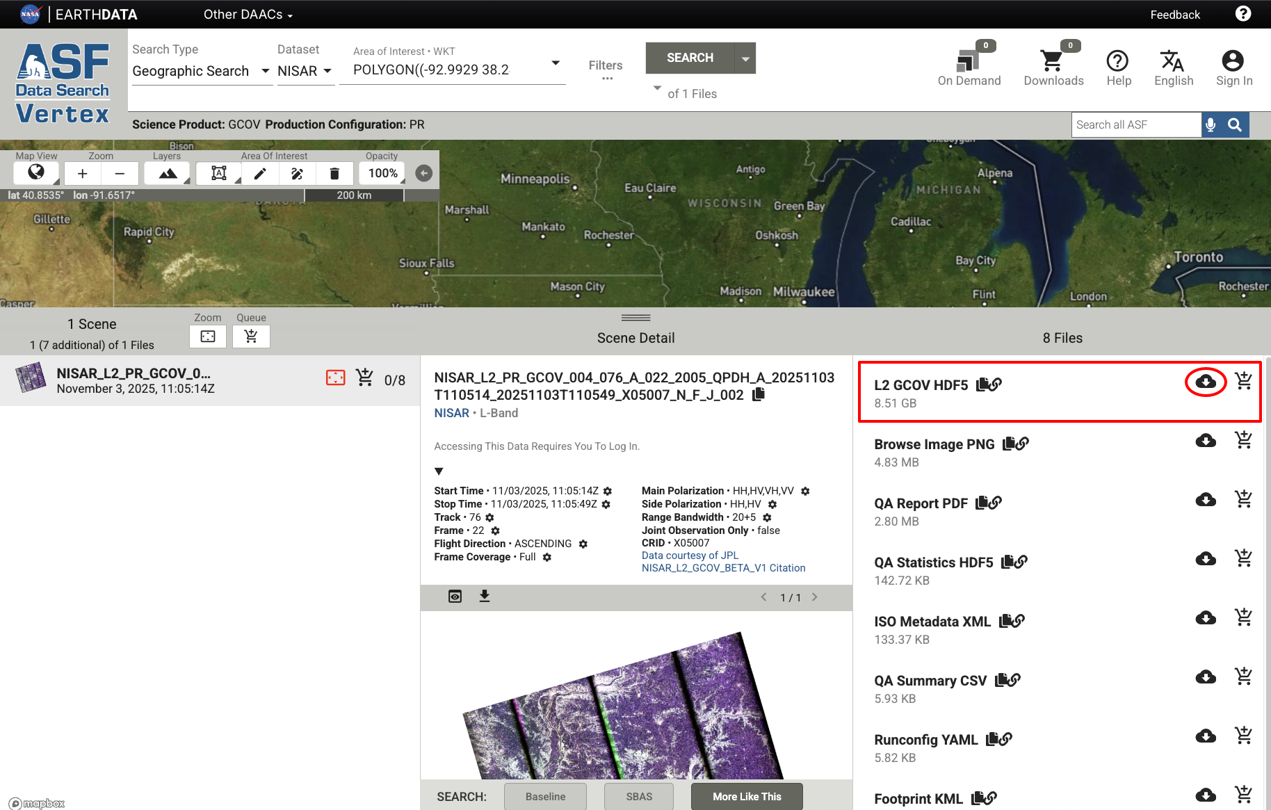 Screenshot of the list of files for a single GCOV product.