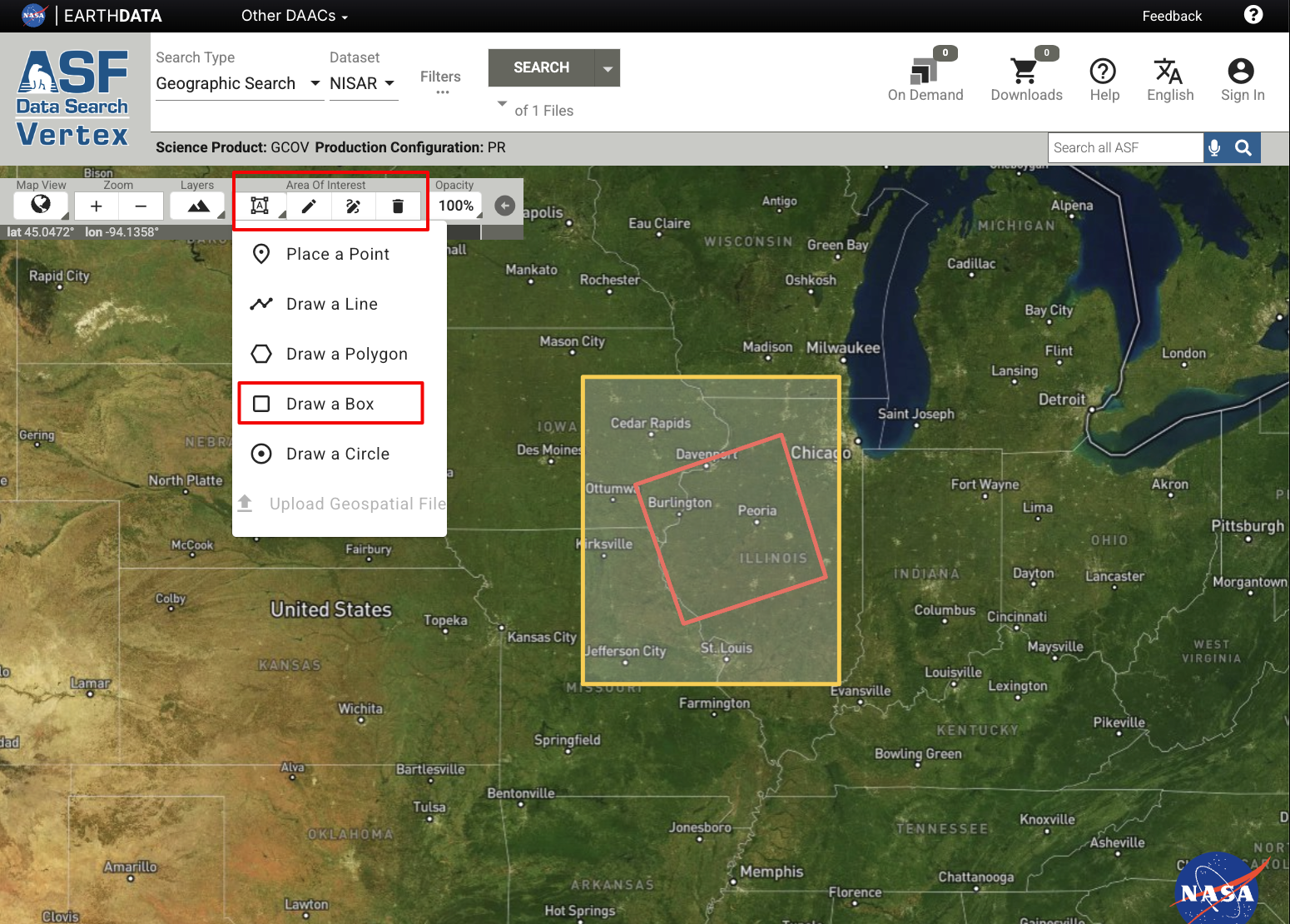 Screenshot of Vertex highlighting the Geographic Search option to draw a region of interest to search for products.