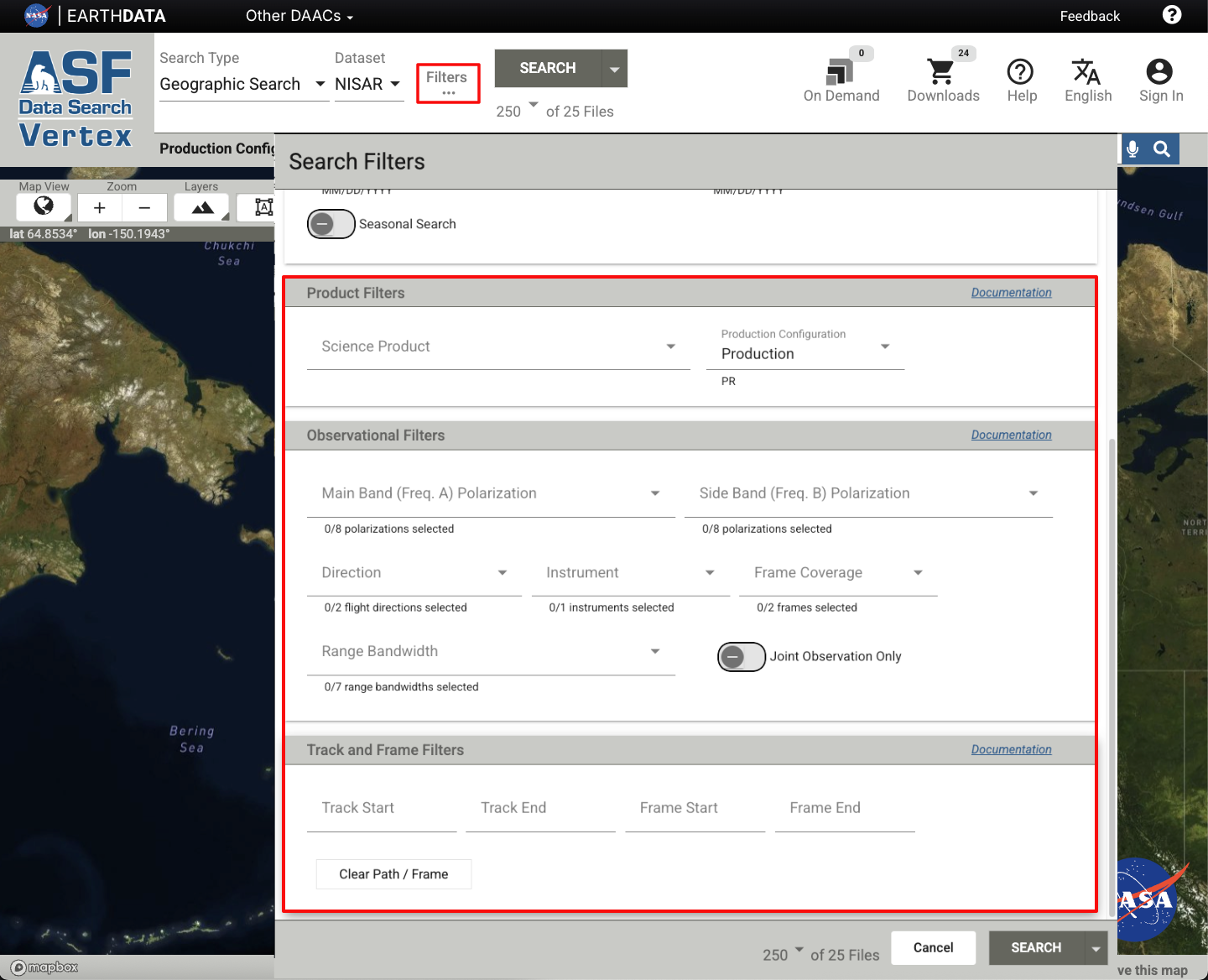 Screenshot displaying the NISAR-specific filters in Vertex.